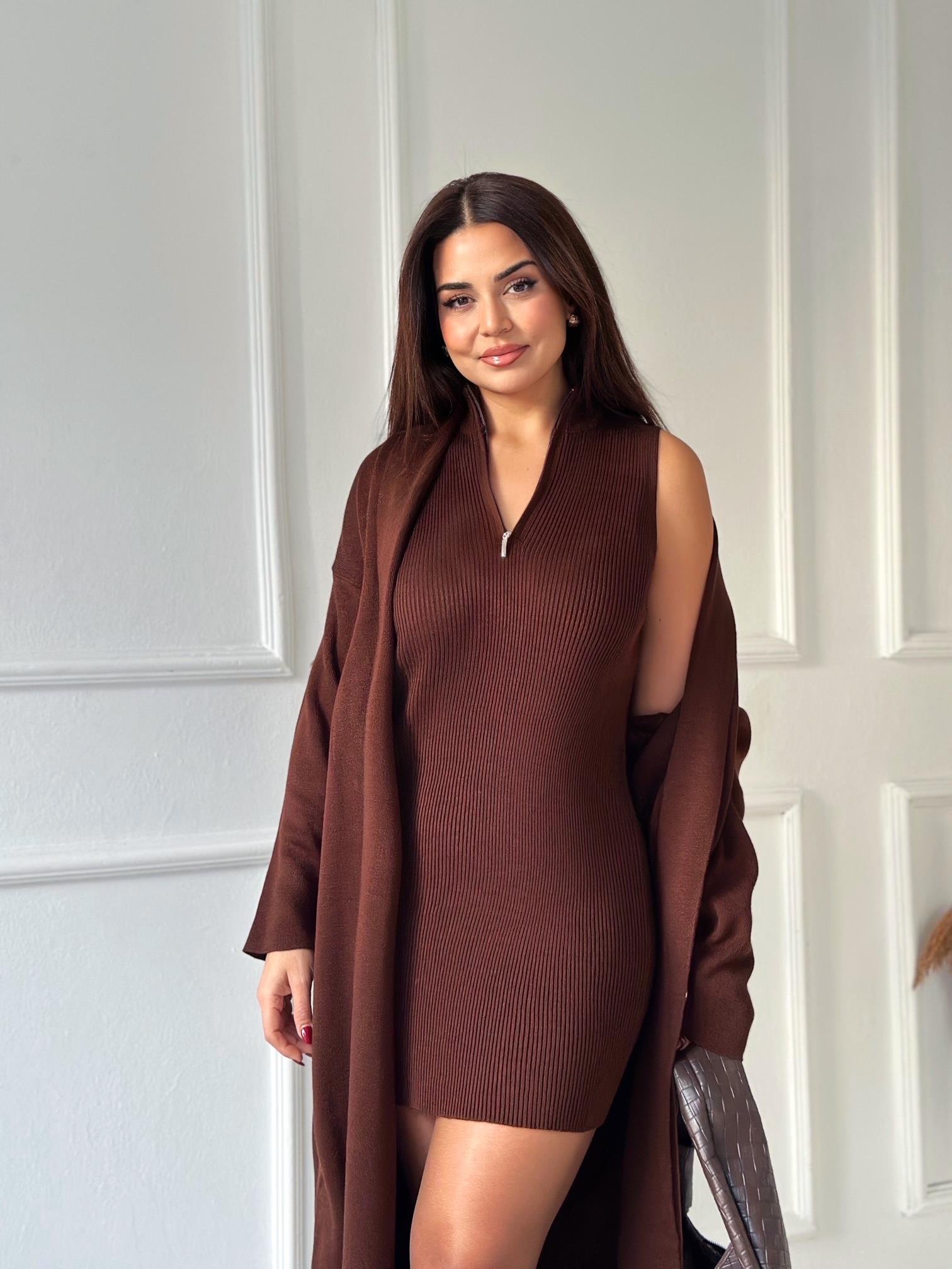 Monroe Kahve Triko Mini Elbise & Uzun Hırka Takım