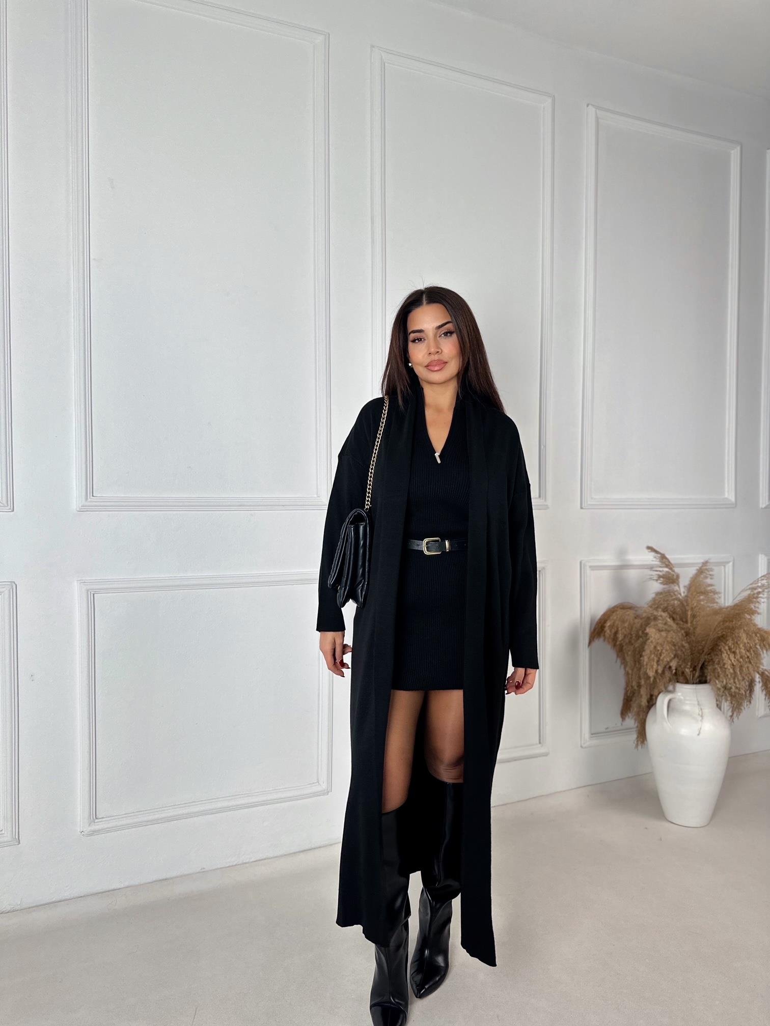 Monroe Siyah Triko Mini Elbise & Uzun Hırka Takım