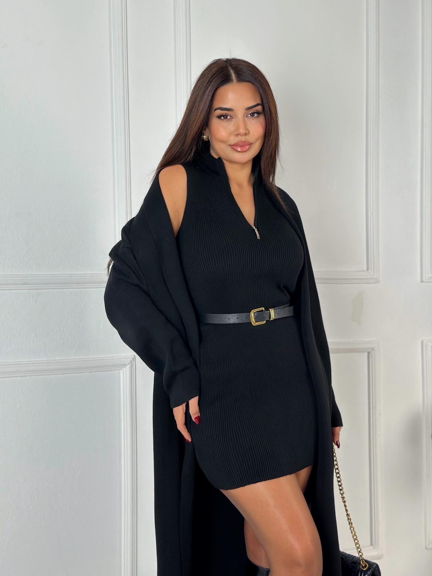 Monroe Siyah Triko Mini Elbise & Uzun Hırka Takım