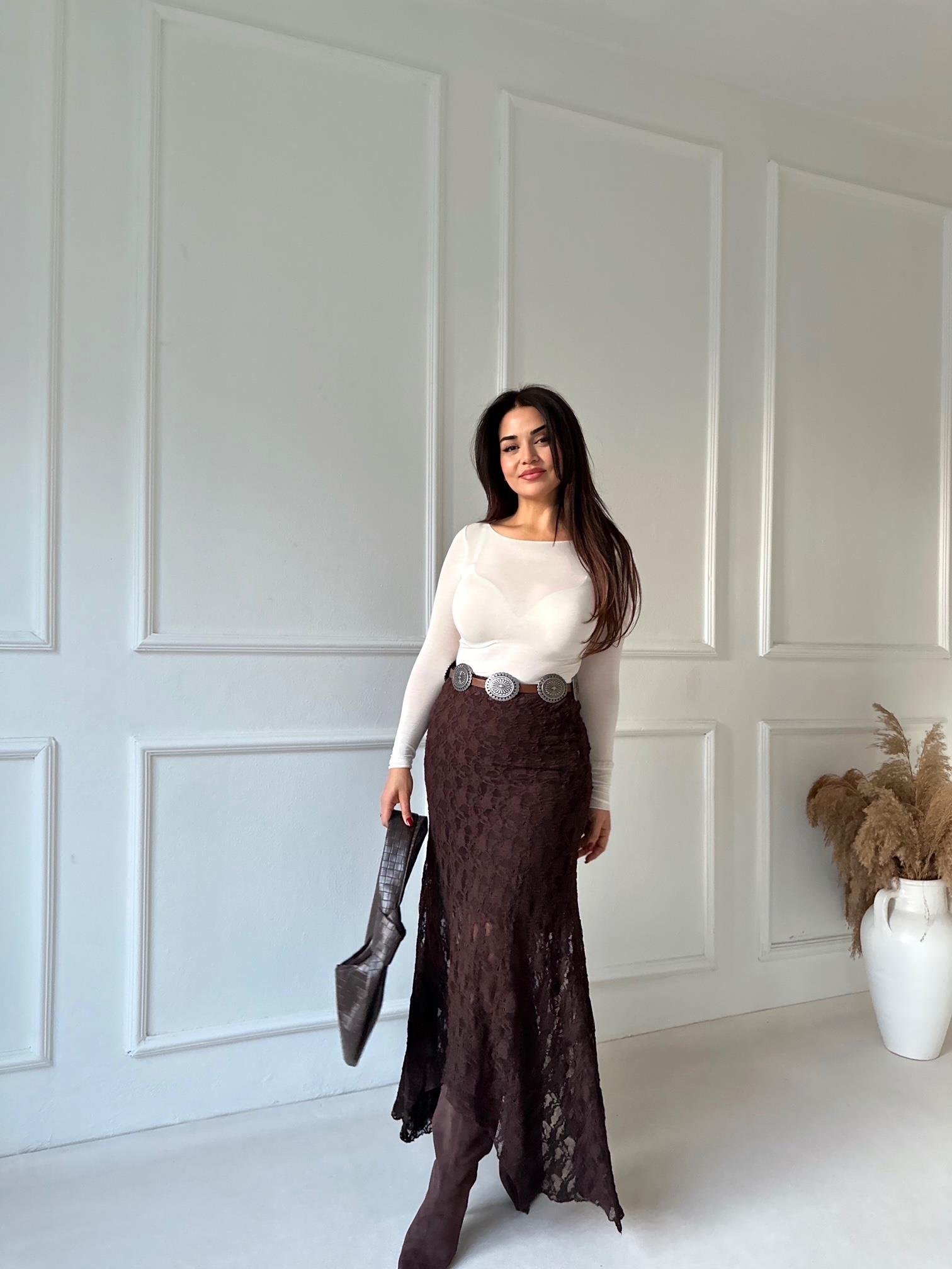 Noir Lace Asimetrik Dantel Etek - Kahve