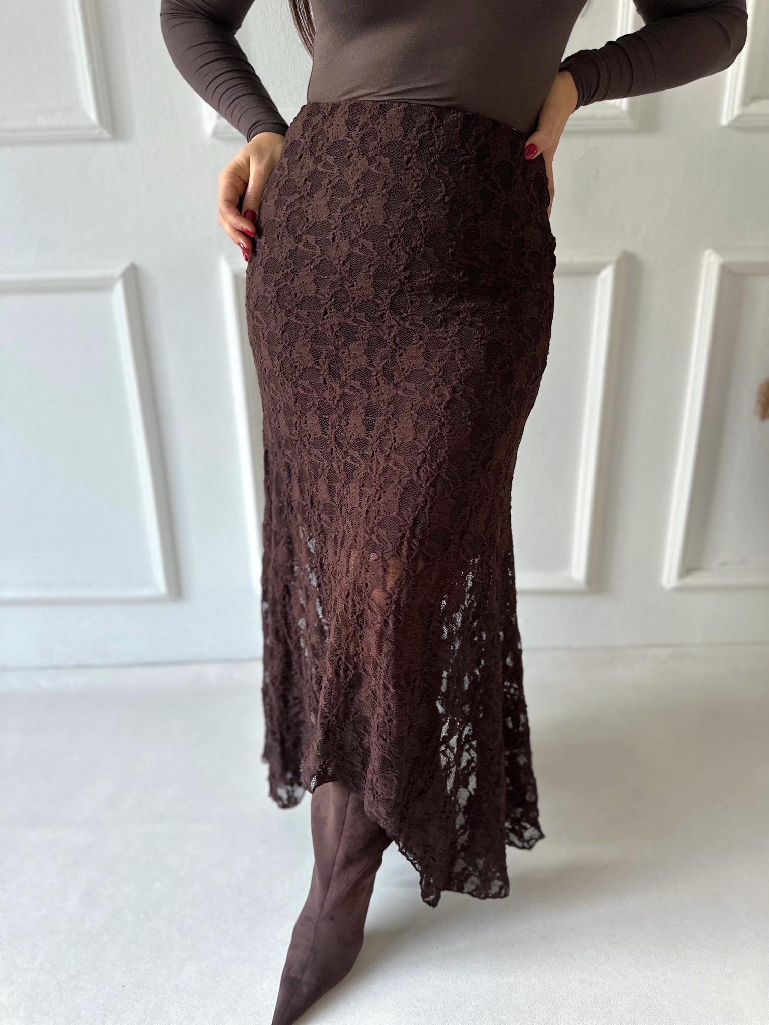 Noir Lace Asimetrik Dantel Etek - Kahve