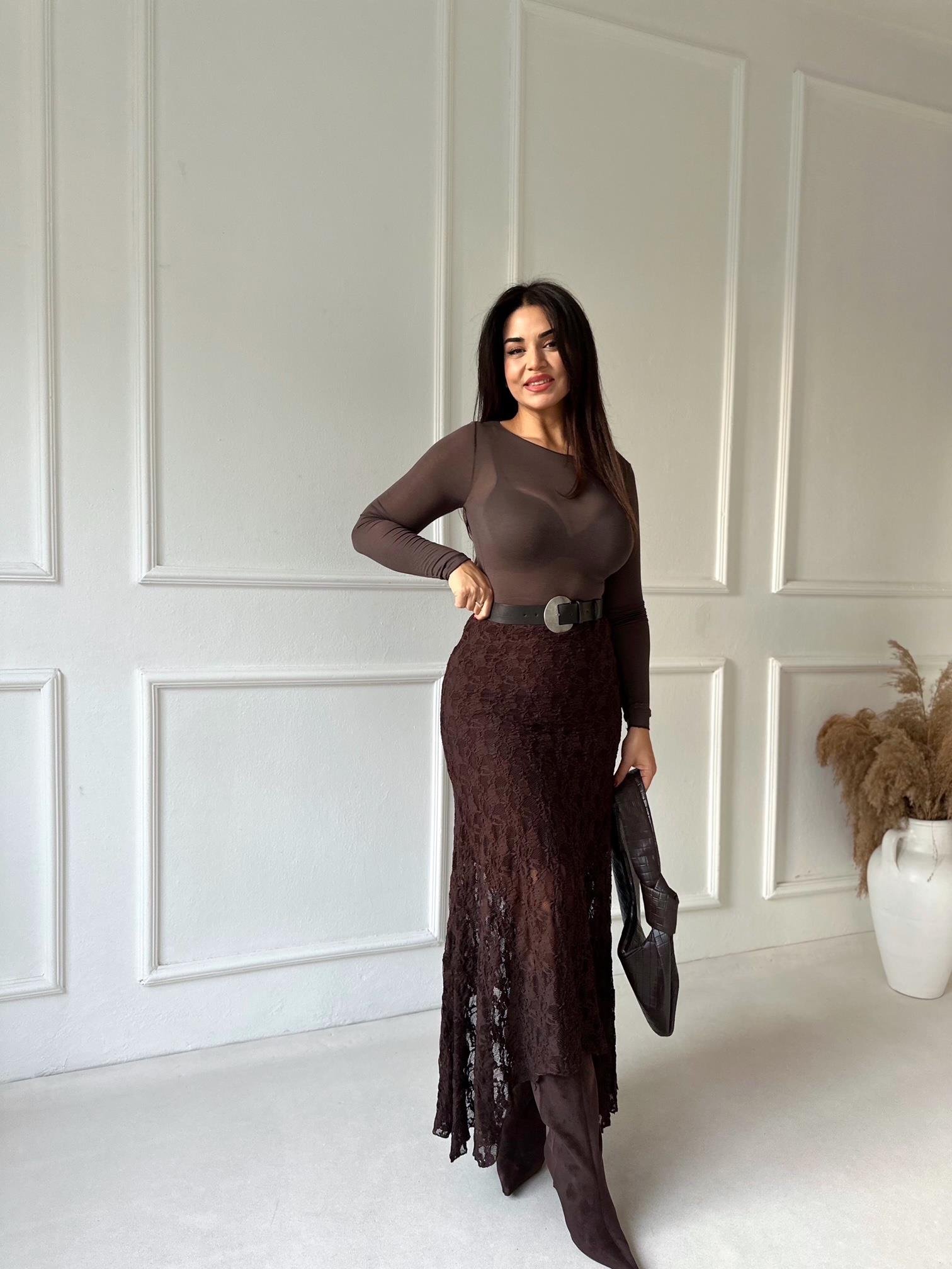 Noir Lace Asimetrik Dantel Etek - Kahve