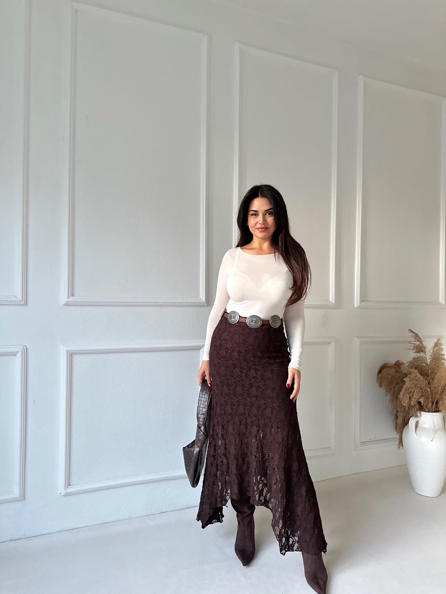 Noir Lace Asimetrik Dantel Etek - Kahve