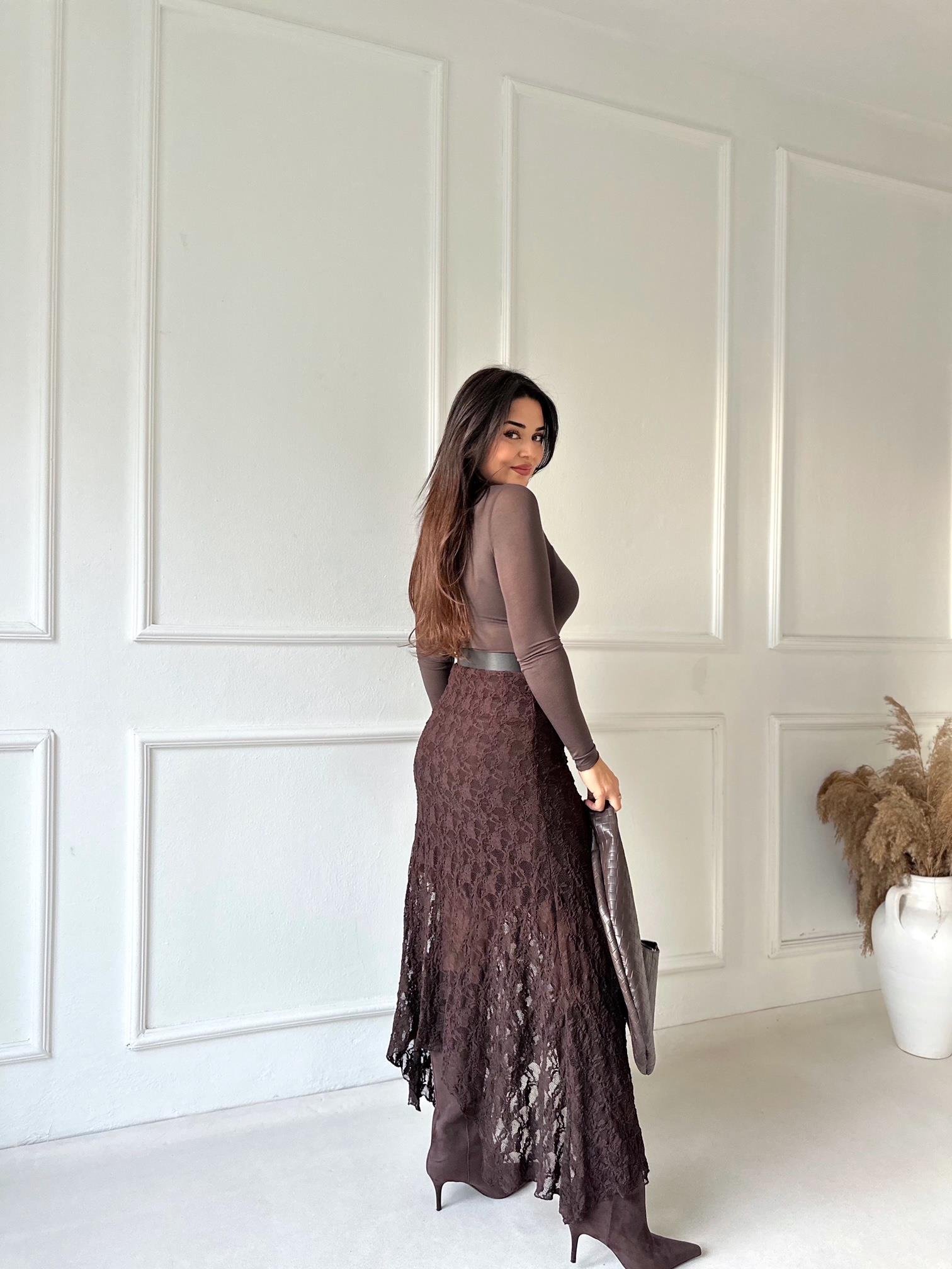 Noir Lace Asimetrik Dantel Etek - Kahve