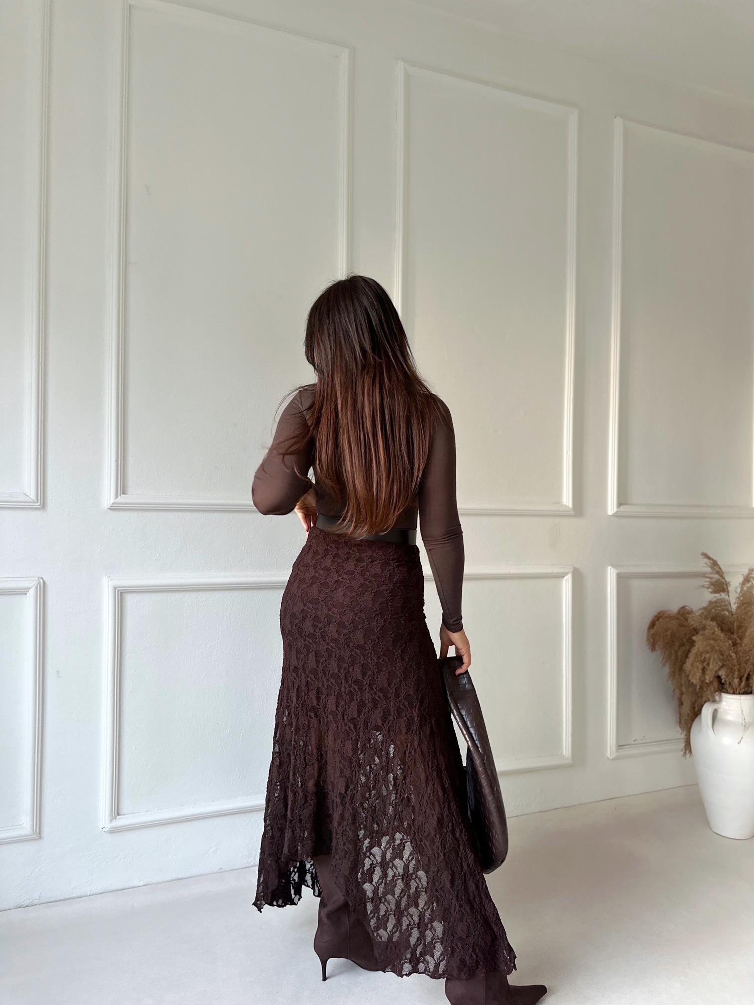 Noir Lace Asimetrik Dantel Etek - Kahve