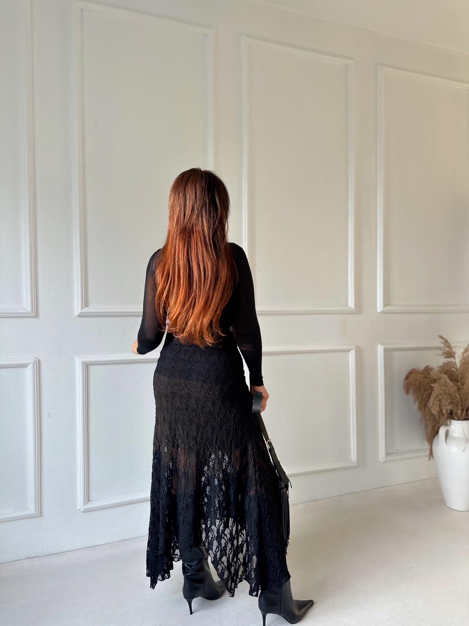 Noir Lace Asimetrik Dantel Etek - Siyah