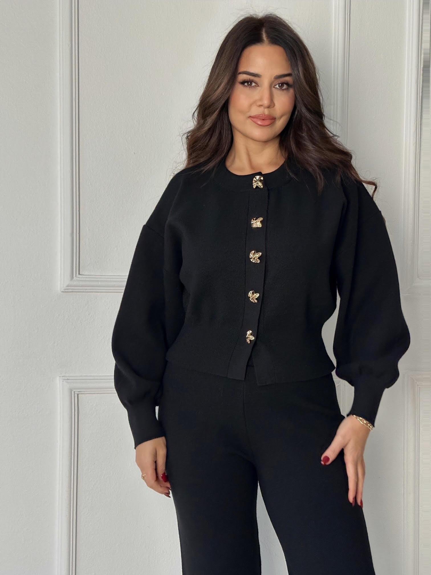 NORA ELYA Premium Knit – Gold Button Triko Hırka - Siyah