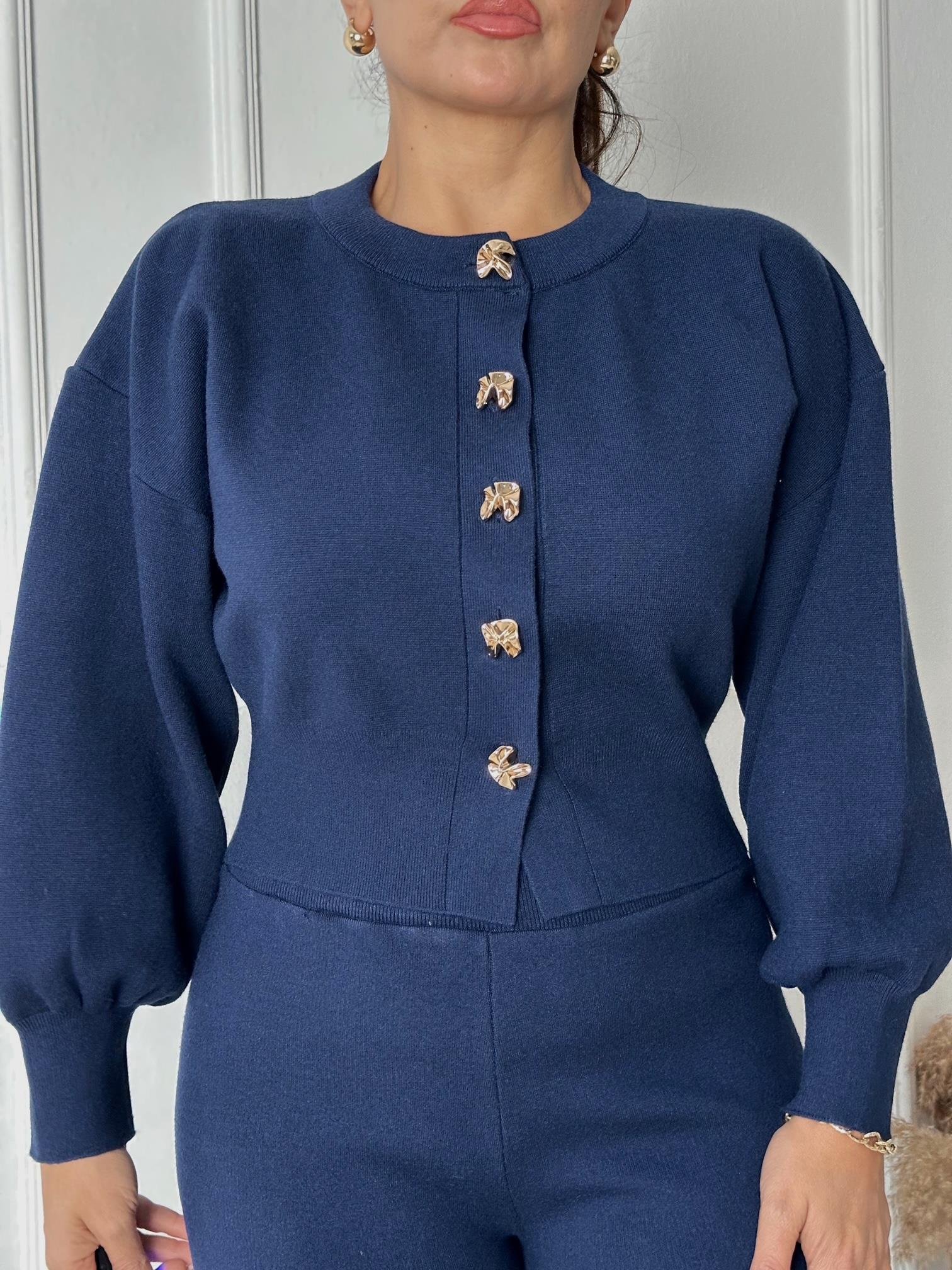 NORA ELYA Premium Knit – Gold Button Triko Hırka - Lacivert