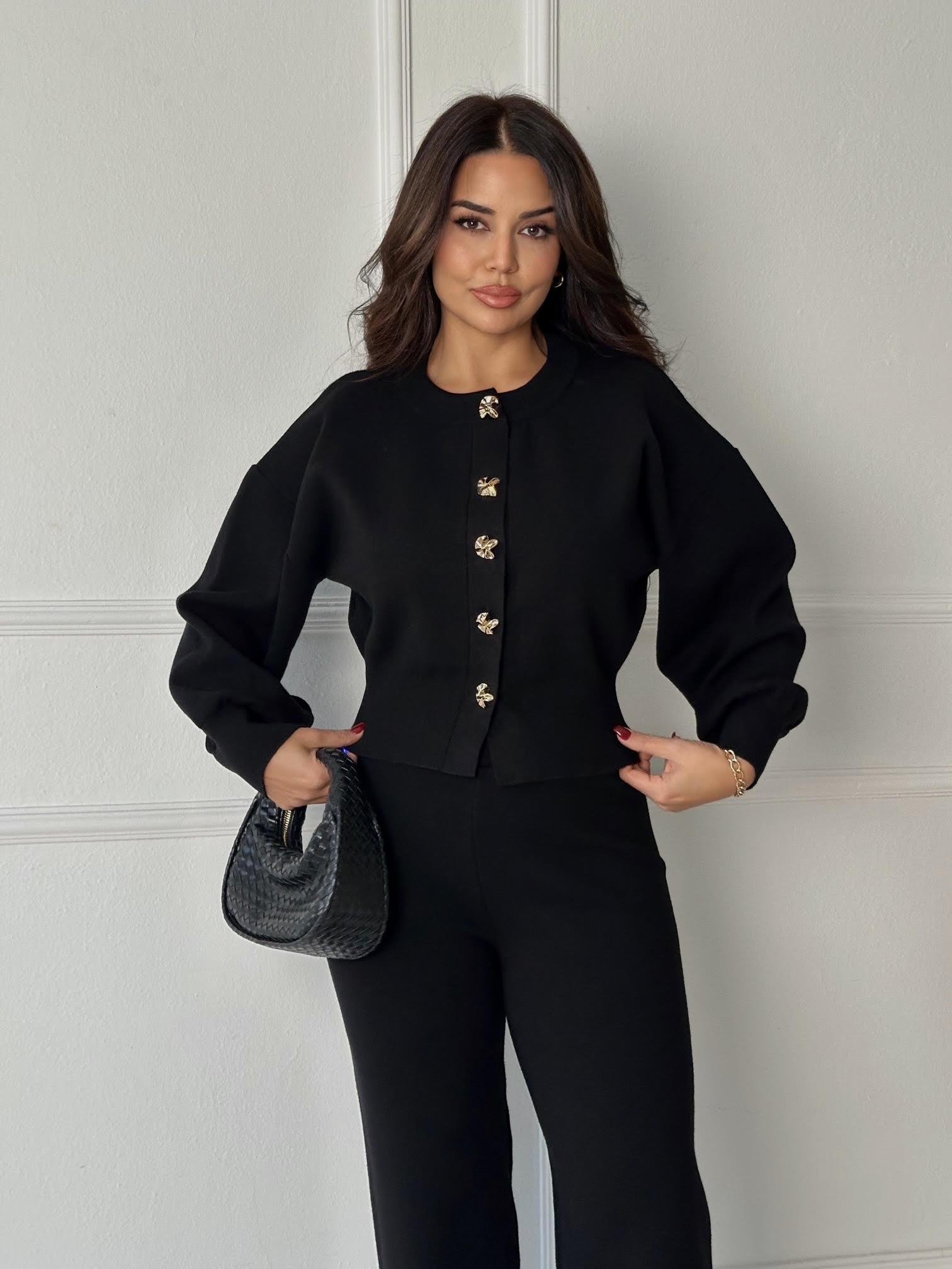 NORA ELYA Premium Knit – Gold Button Triko Hırka - Siyah