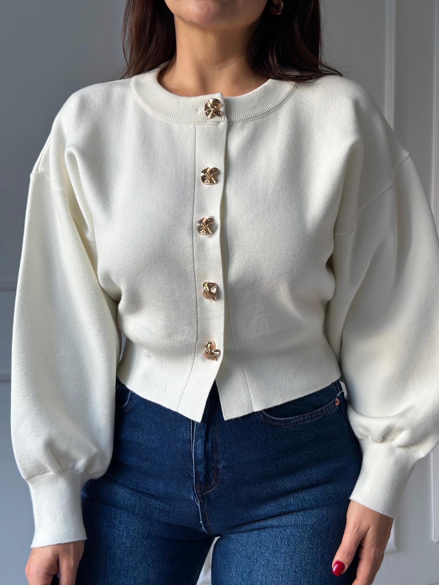 NORA ELYA Premium Knit – Gold Button Triko Hırka - Ekru