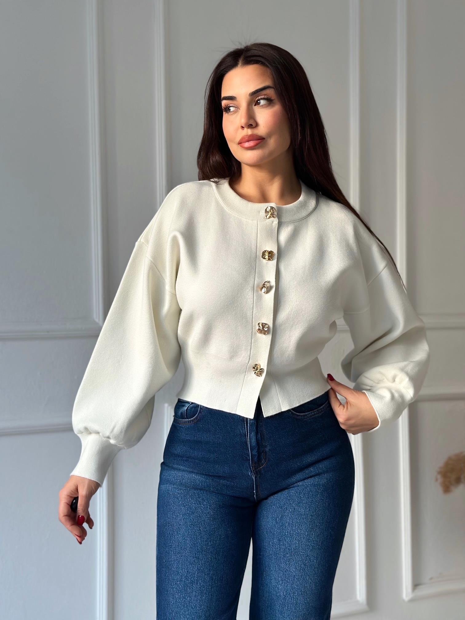 NORA ELYA Premium Knit – Gold Button Triko Hırka - Ekru