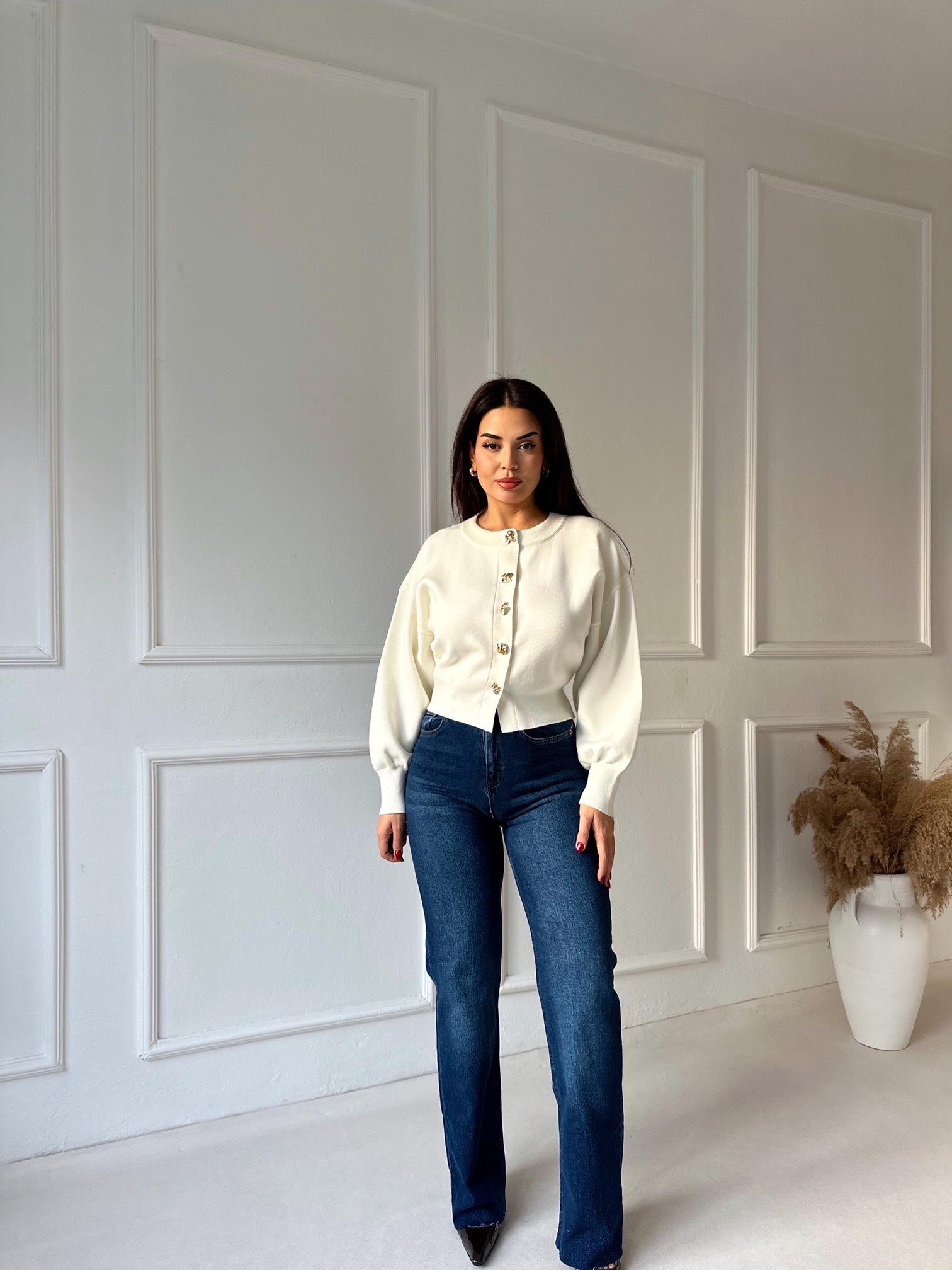 NORA ELYA Premium Knit – Gold Button Triko Hırka - Ekru