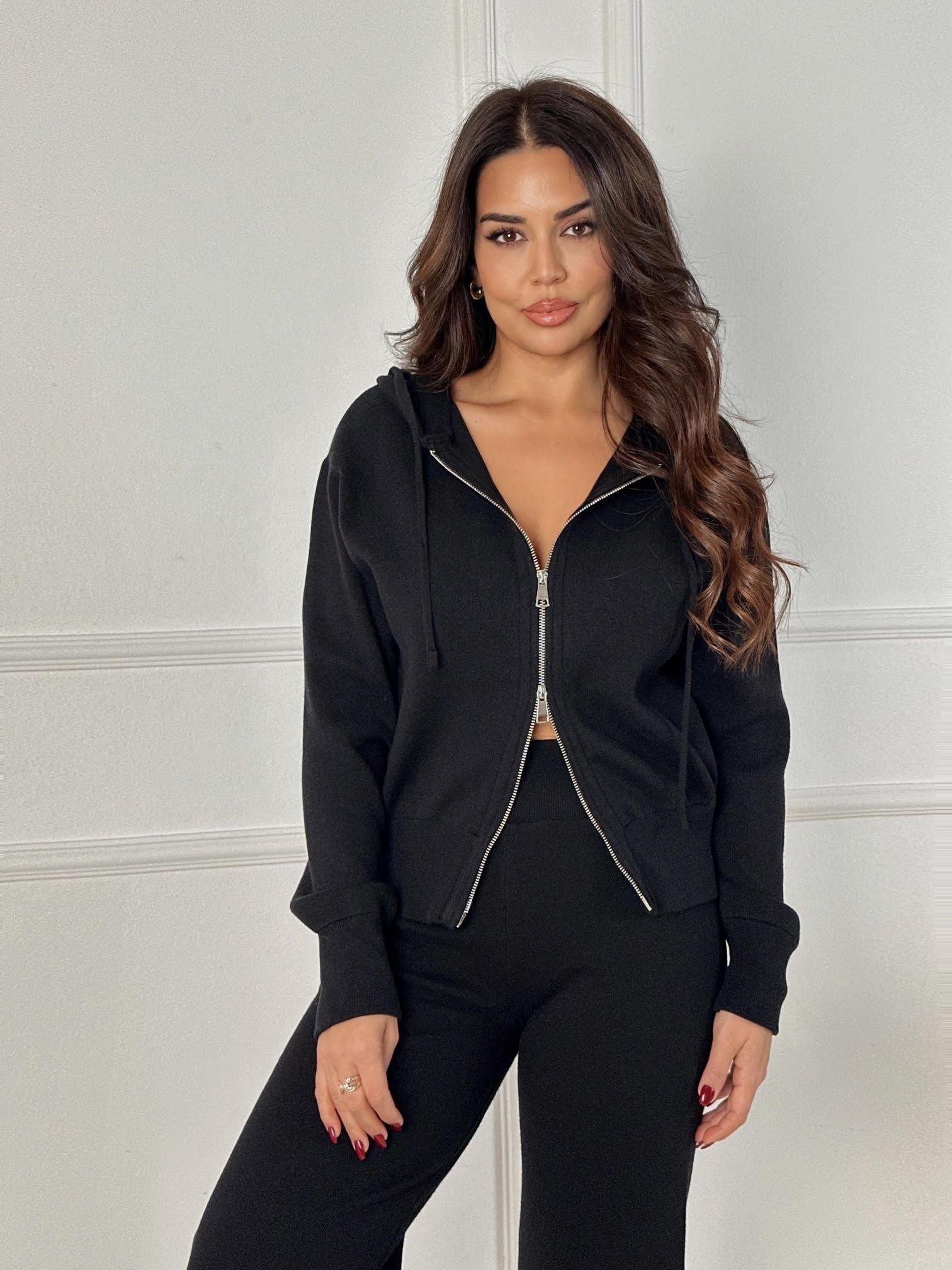 NORA ELYA Premium Knit – Zipper Hoodie Triko Sweat - Siyah