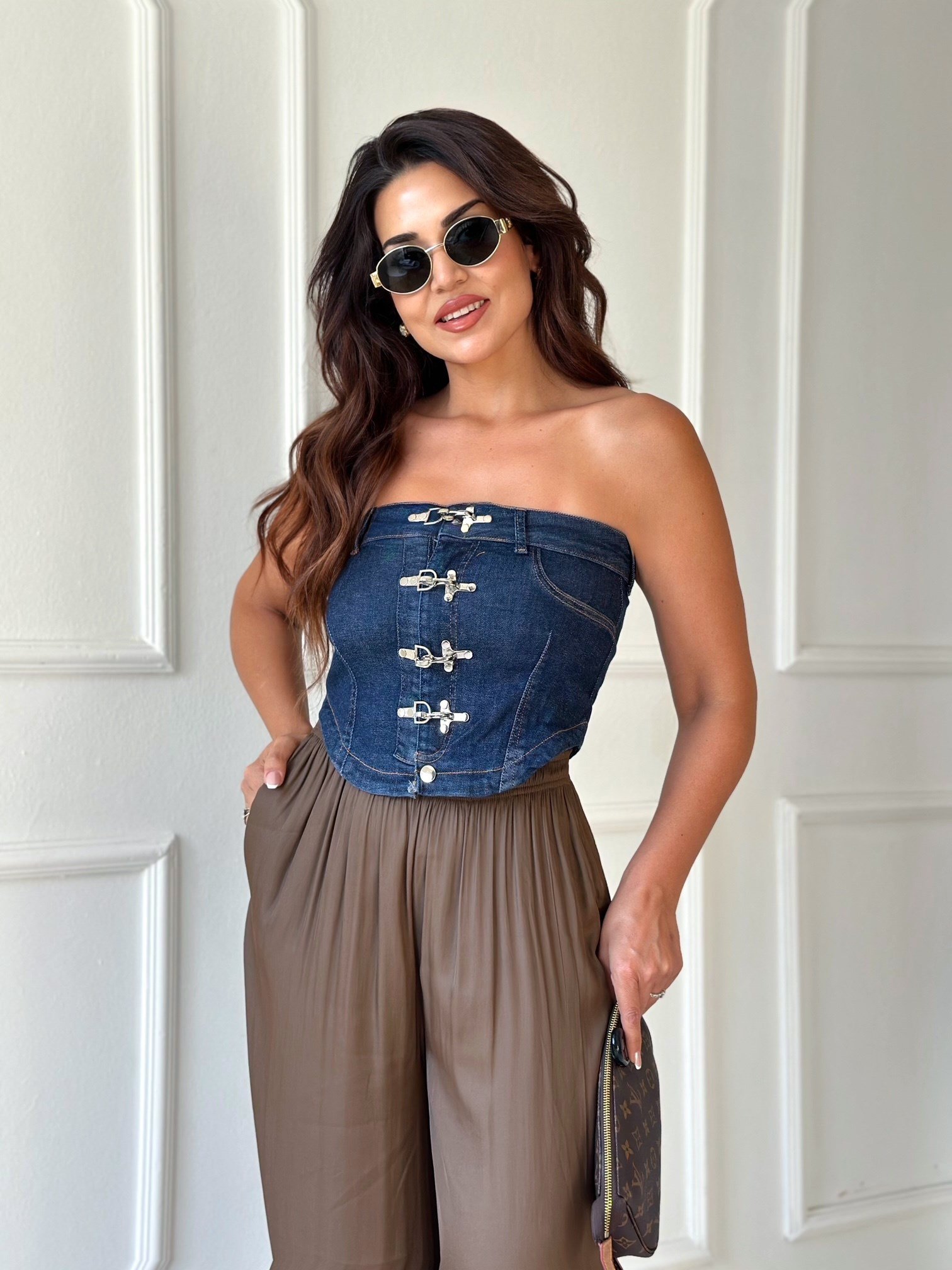Nora Toka Detaylı Denim Straplez Bluz