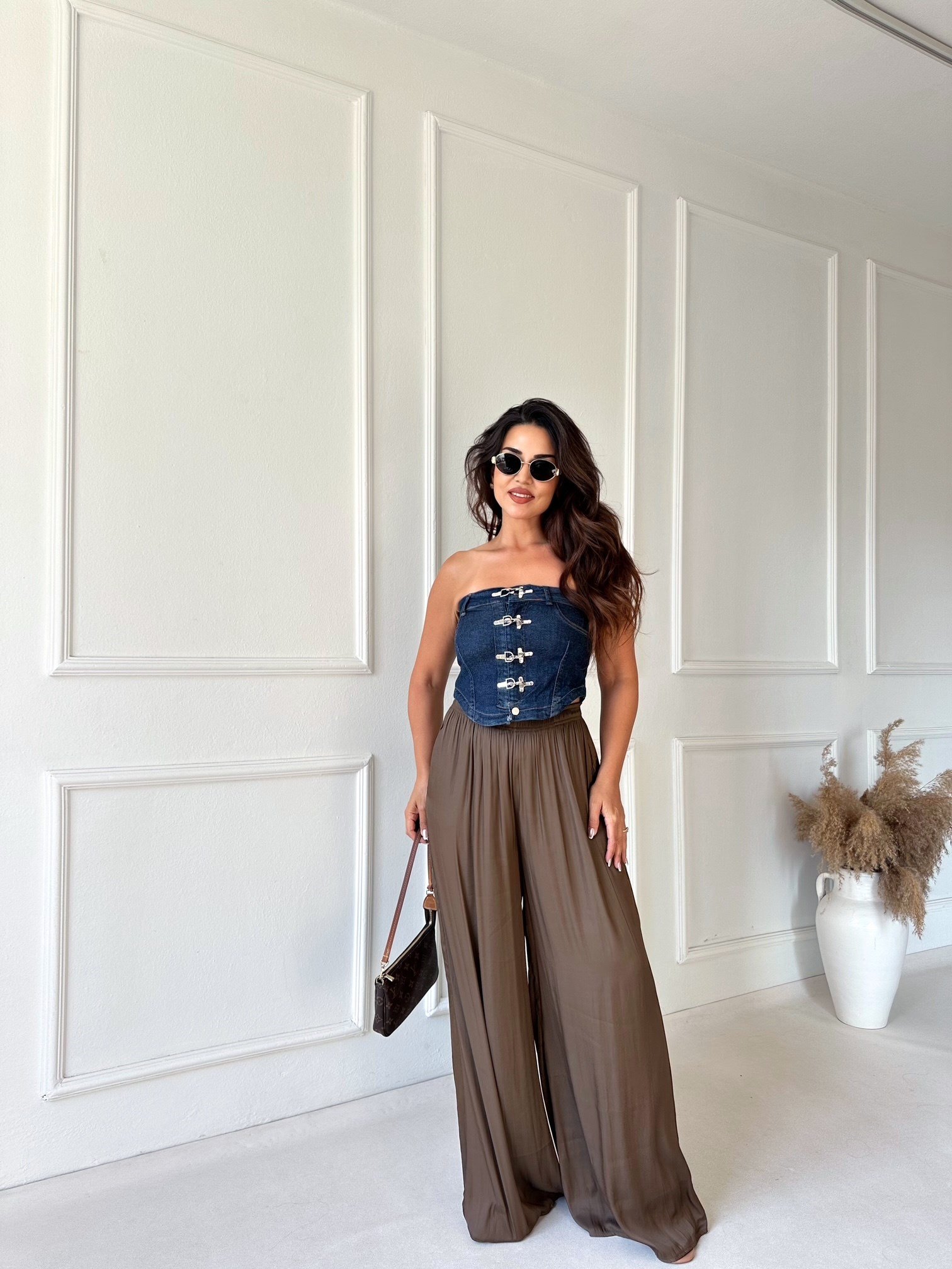 Nora Toka Detaylı Denim Straplez Bluz