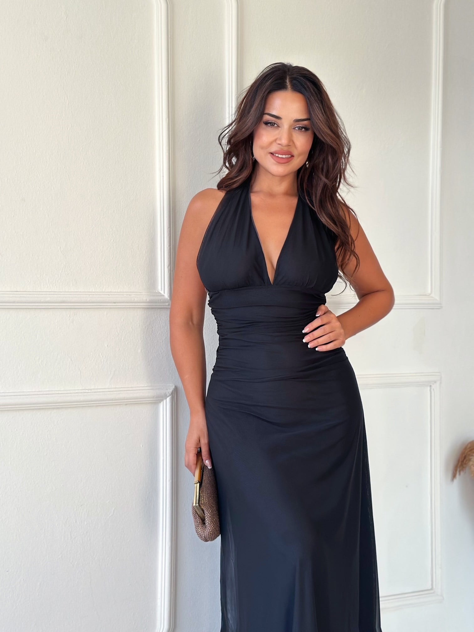Norella Boyundan Bağlamalı Tül Maxi Elbise- Siyah