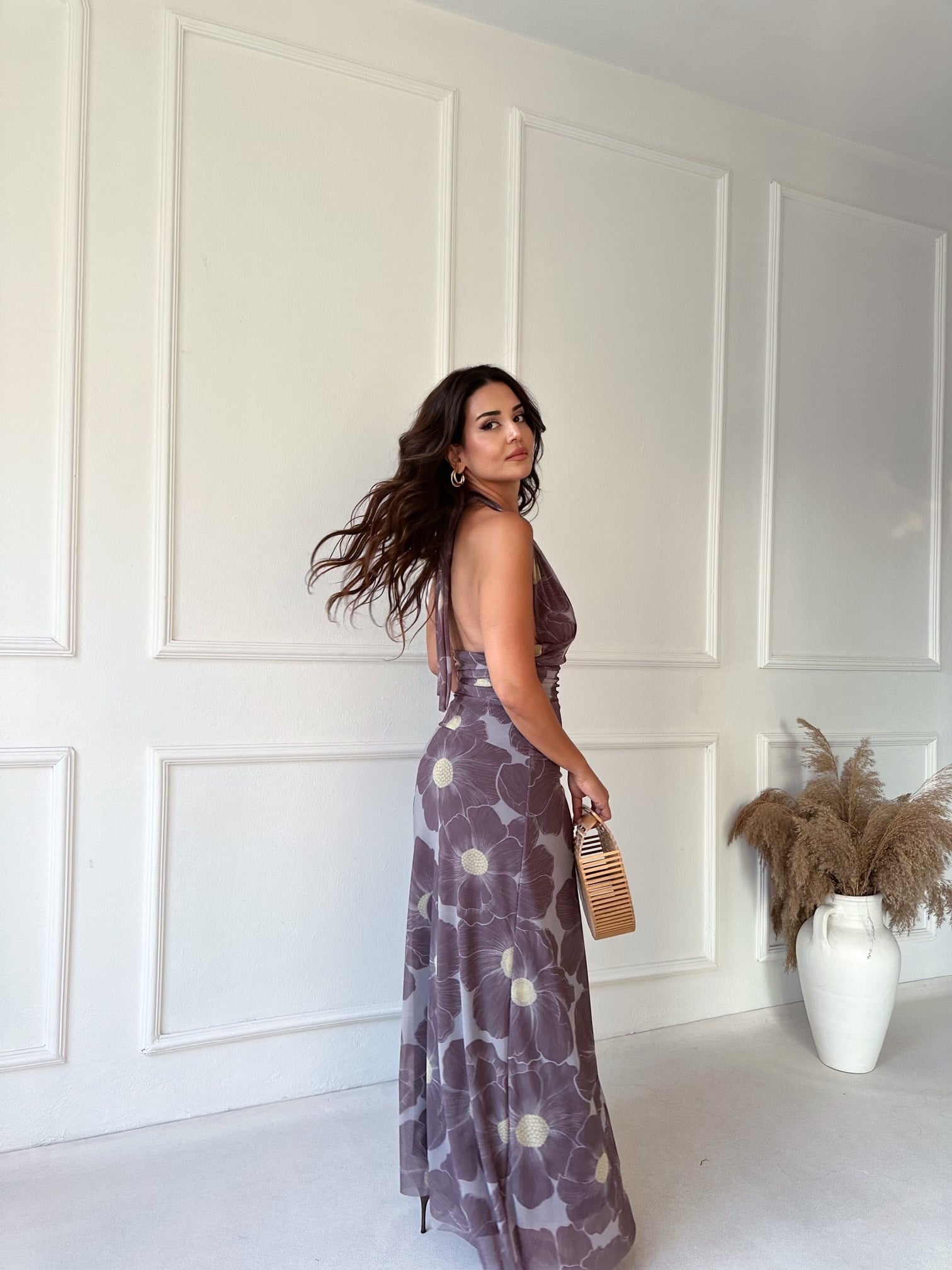 Norella Boyundan Bağlamalı Tül Maxi Elbise- Mocha Bloom