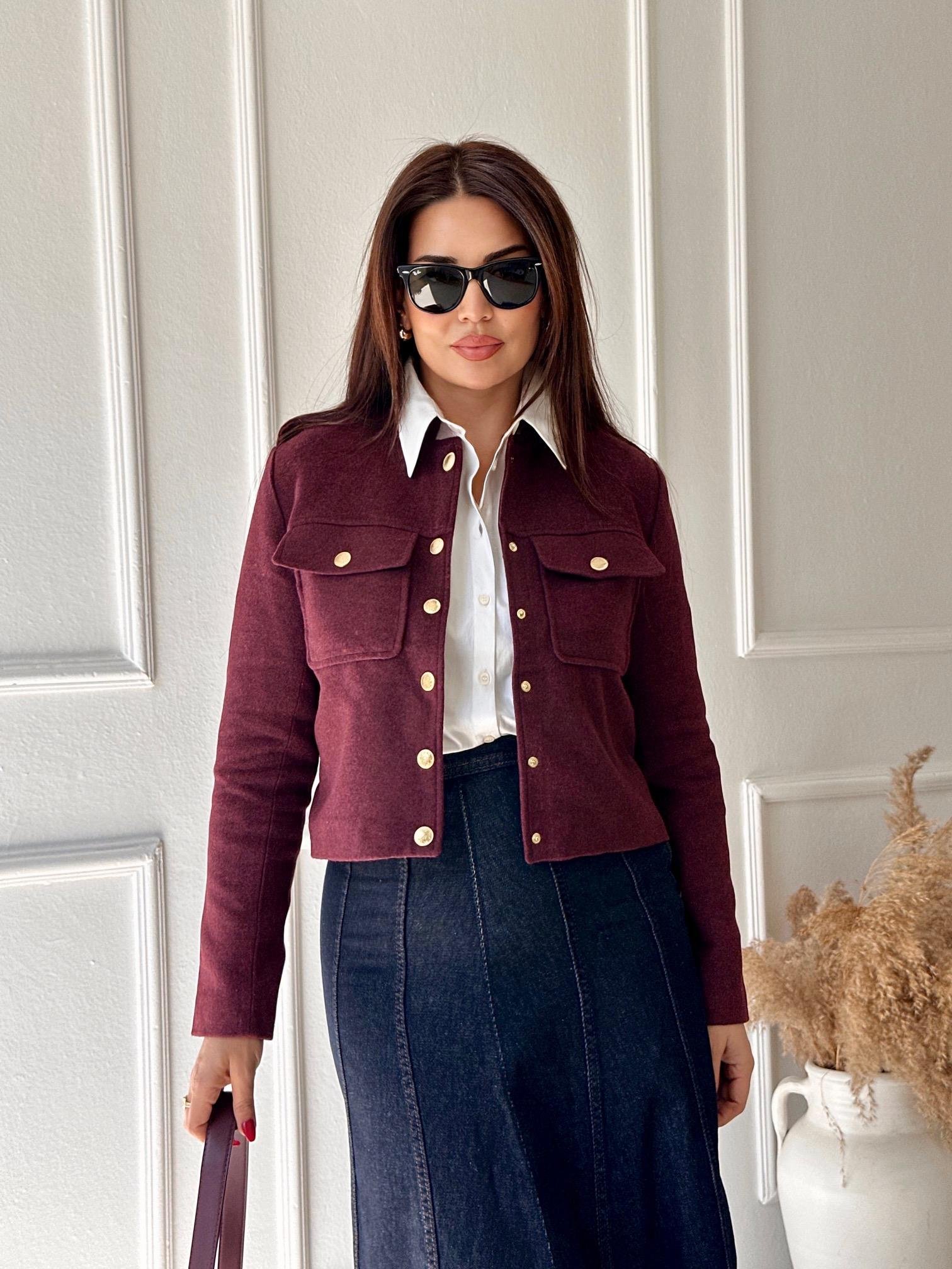Orijinal Marka Bordo Kısa Gold Düğmeli Kaşe Ceket 