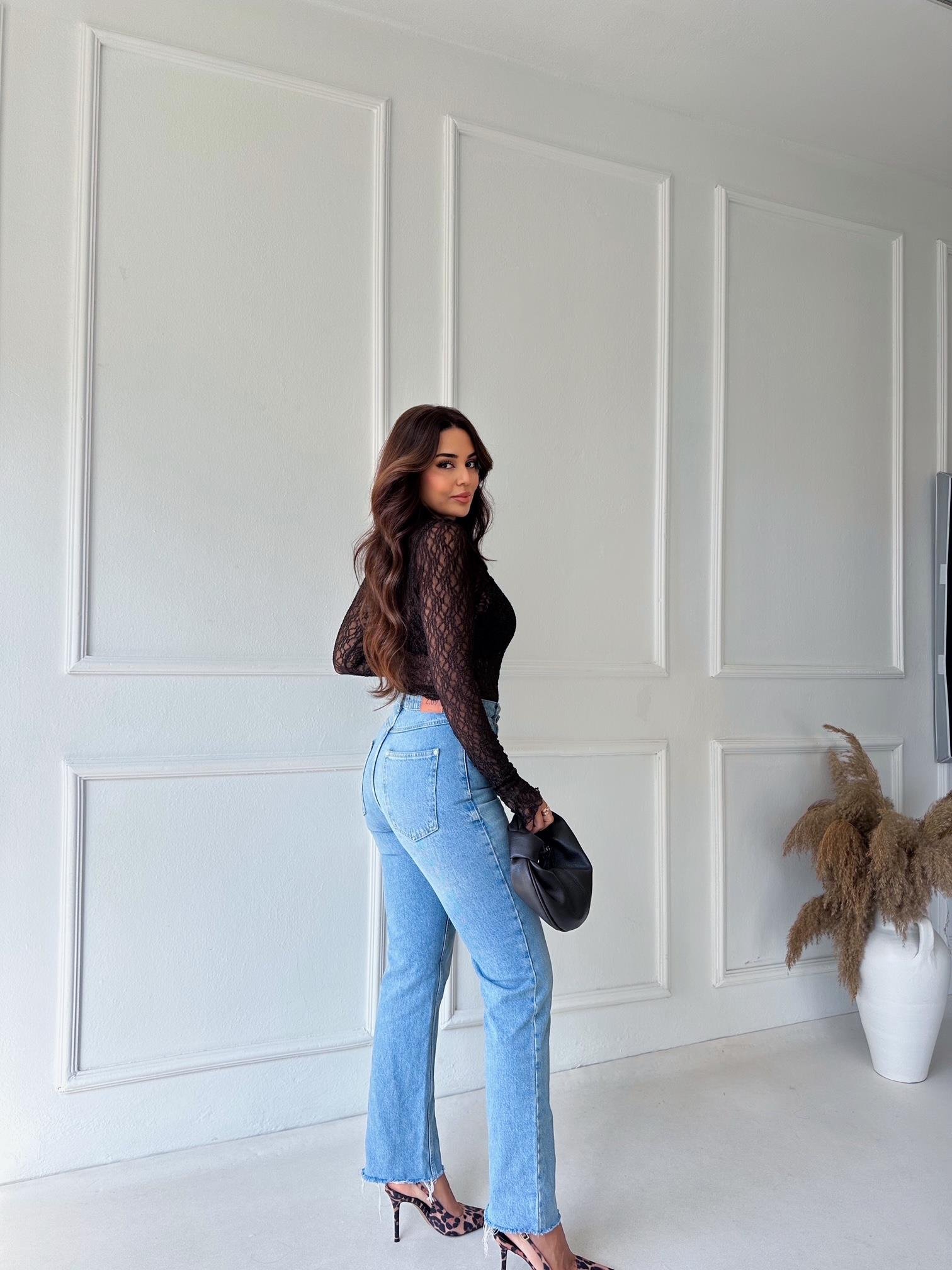 Orijinal marka çapraz kemerli yüksek bel straight jean - Nora Butik