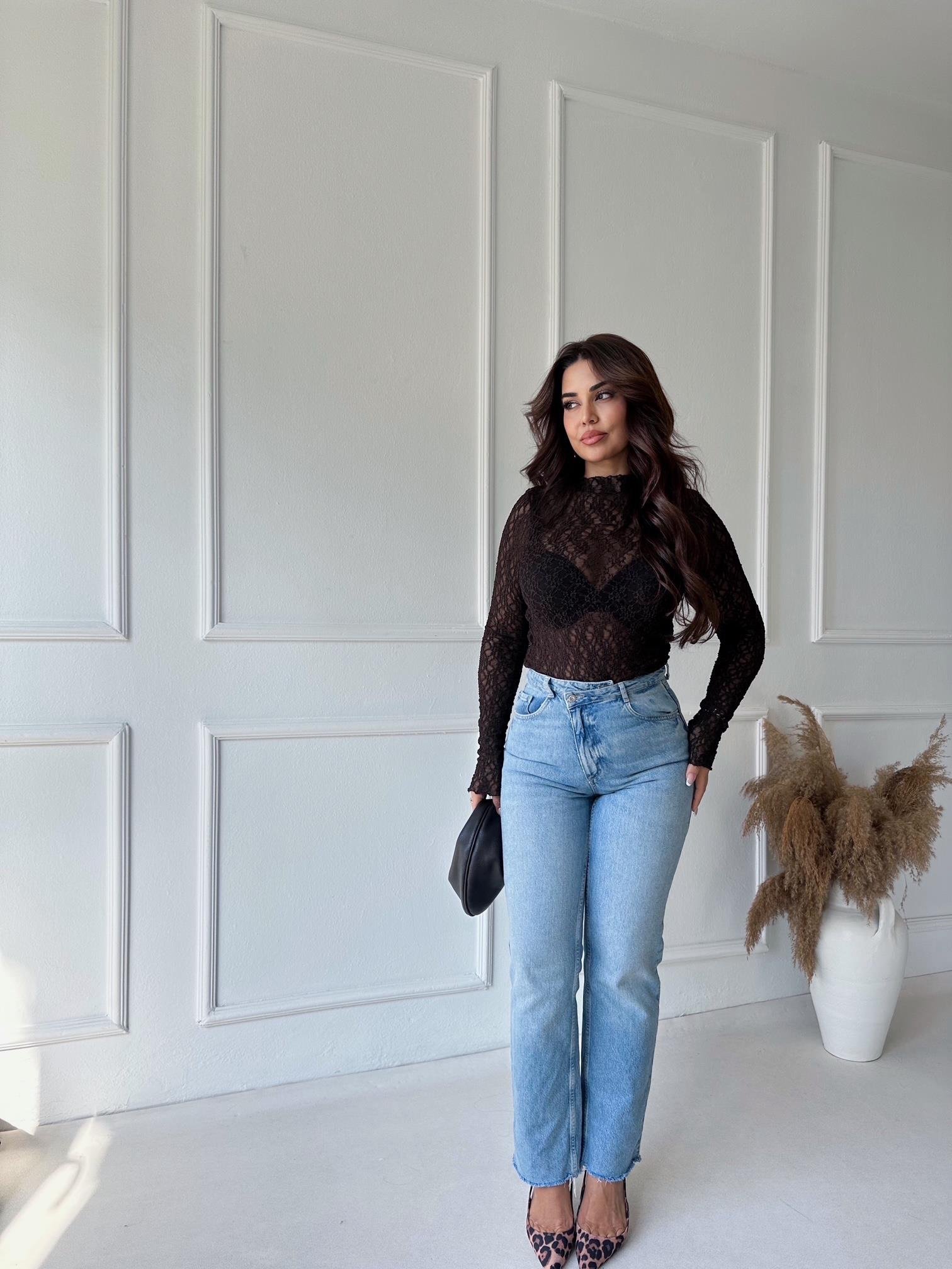 Orijinal marka çapraz kemerli yüksek bel straight jean - Nora Butik