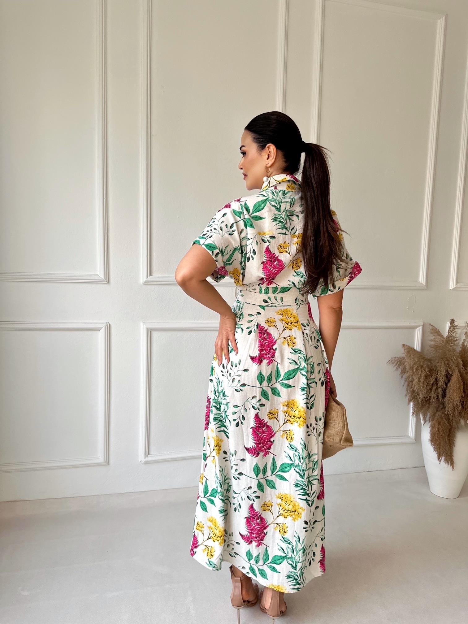 Orijinal Marka Çiçek Desenli Keten Gömlek Elbise