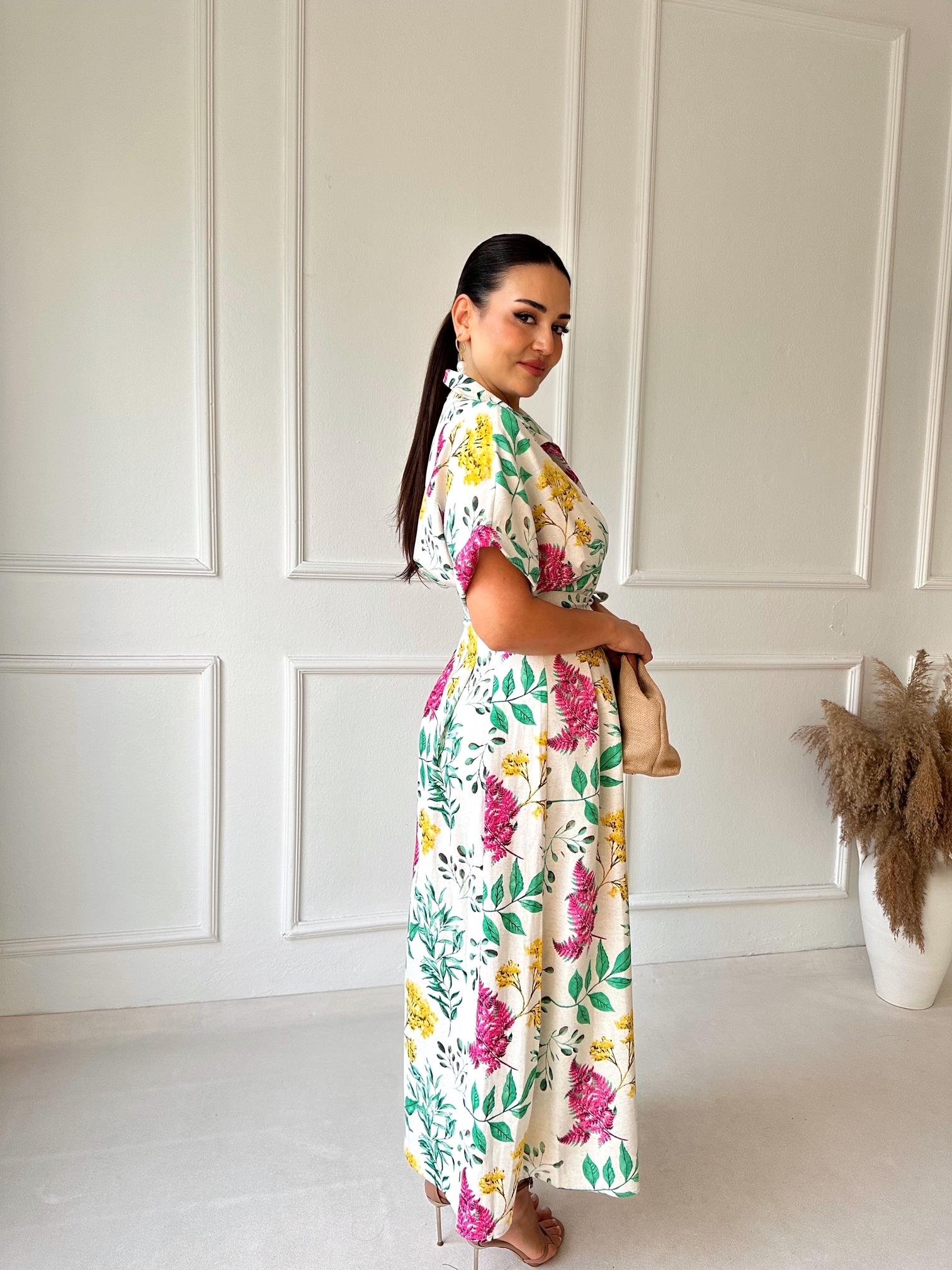 Orijinal Marka Çiçek Desenli Keten Gömlek Elbise