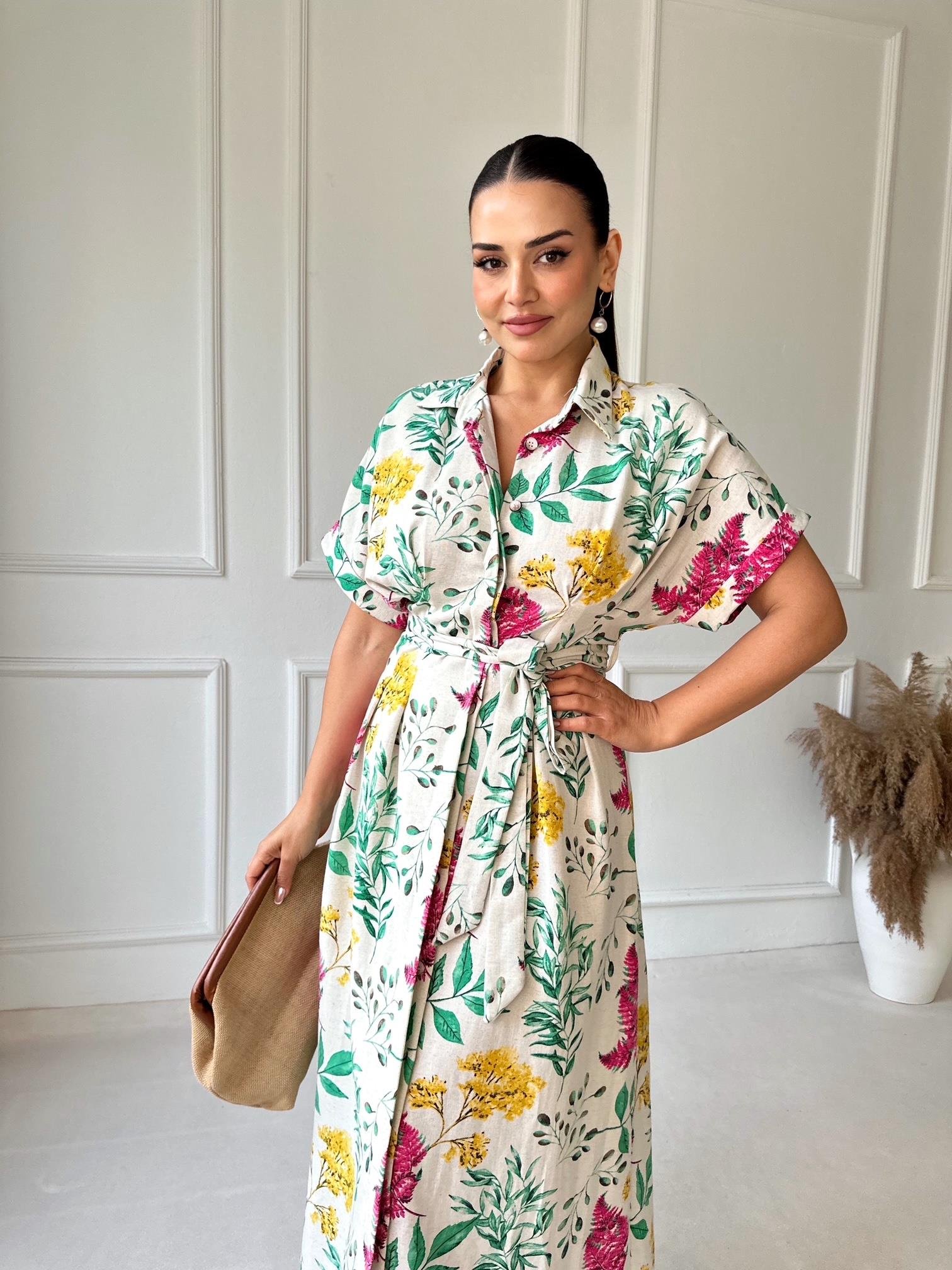 Orijinal Marka Çiçek Desenli Keten Gömlek Elbise