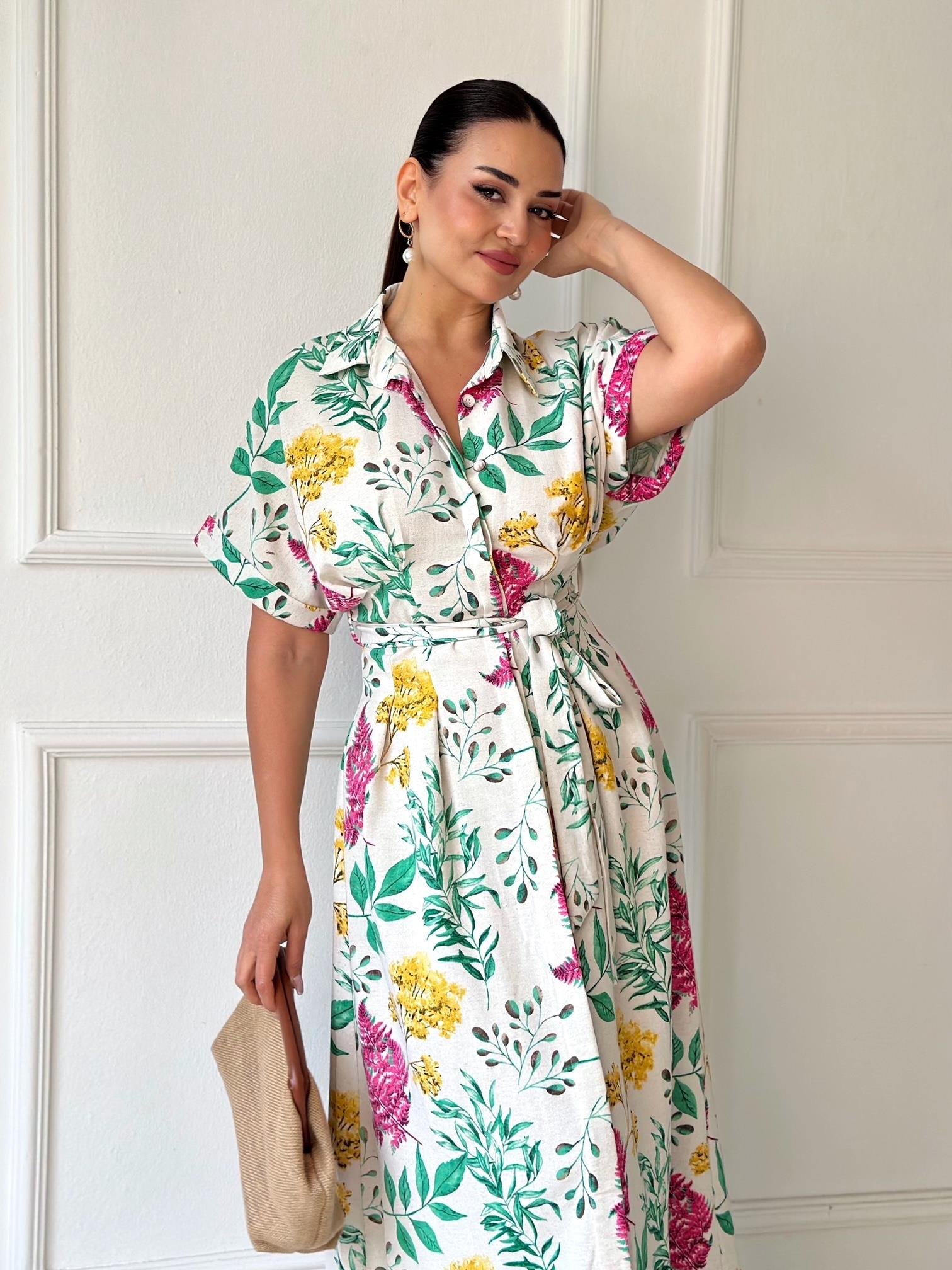 Orijinal Marka Çiçek Desenli Keten Gömlek Elbise