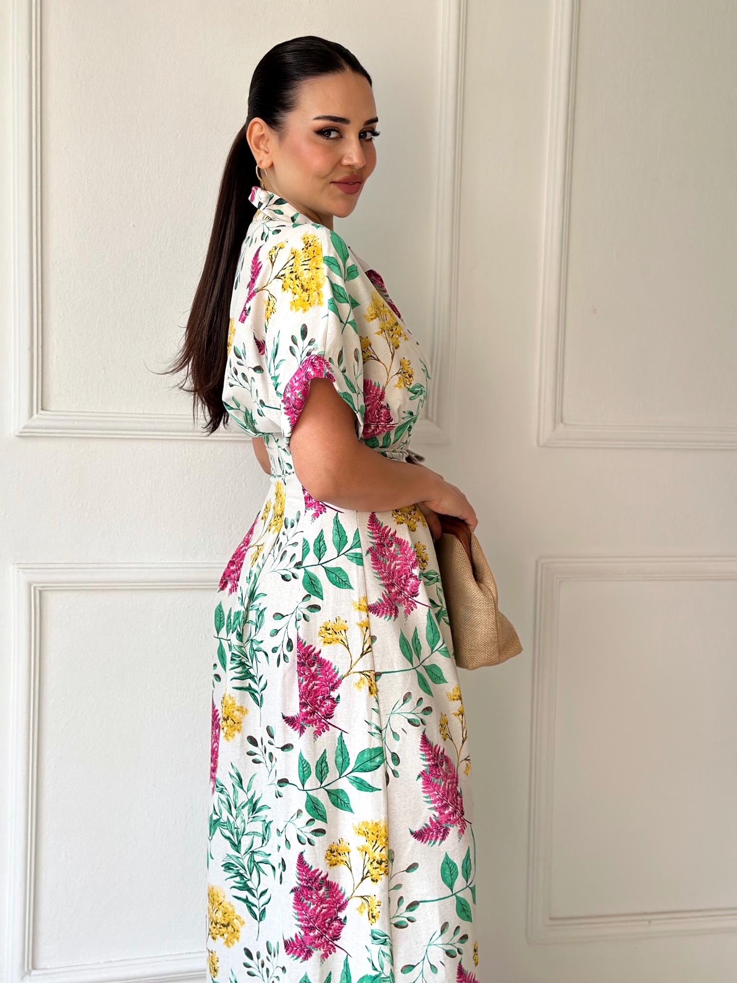 Orijinal Marka Çiçek Desenli Keten Gömlek Elbise