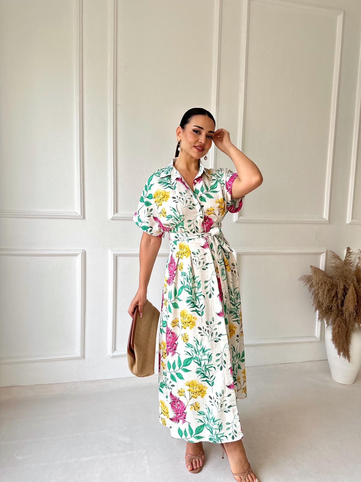 Orijinal Marka Çiçek Desenli Keten Gömlek Elbise