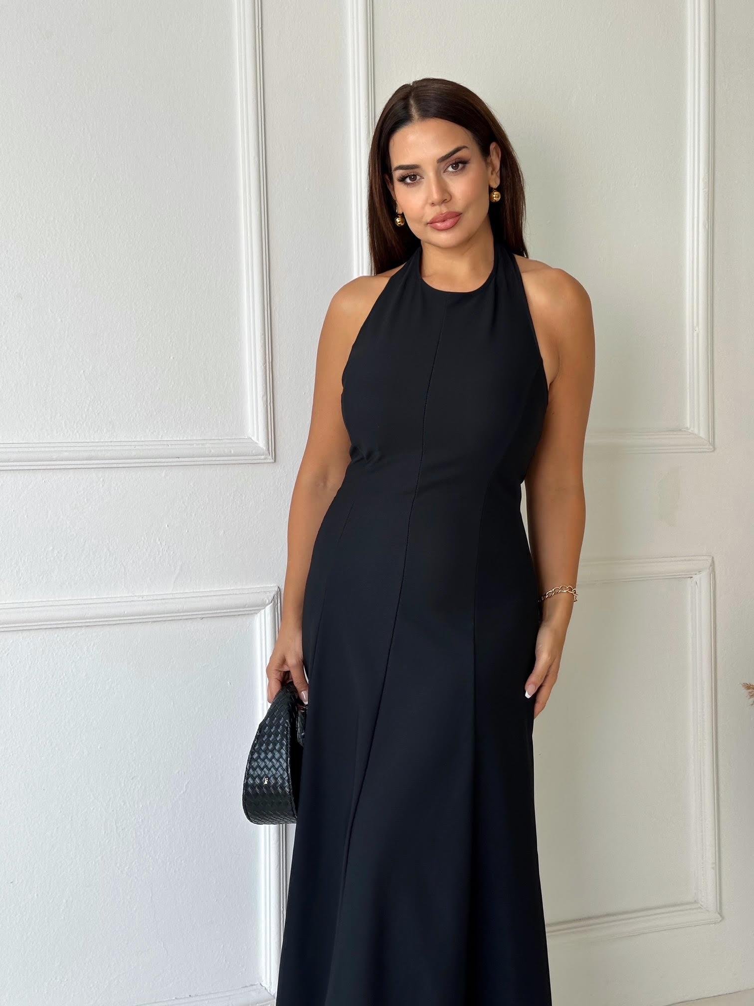 Orijinal Marka Halter Yaka Kloş Etekli Siyah Elbise 