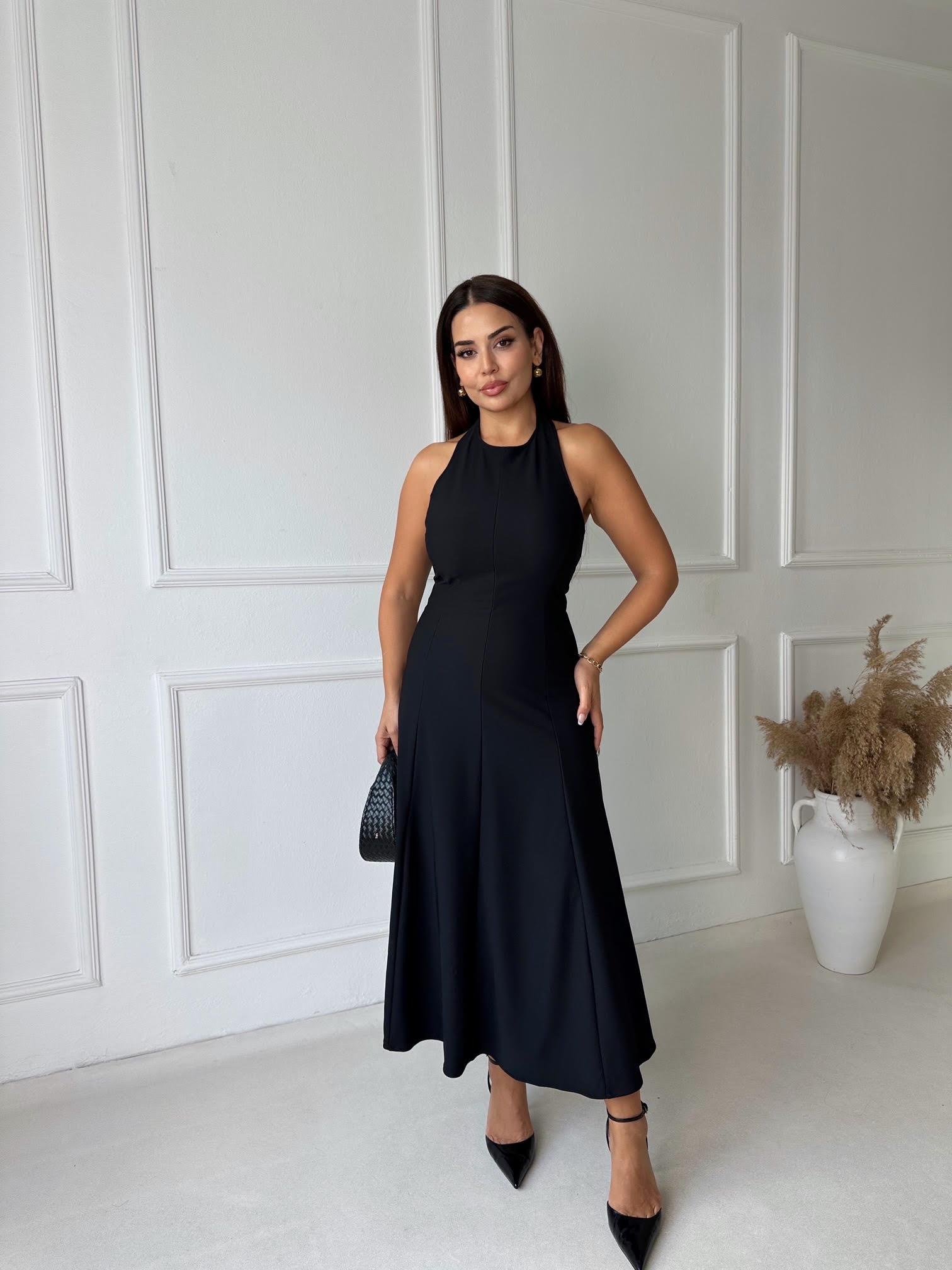 Orijinal Marka Halter Yaka Kloş Etekli Siyah Elbise 