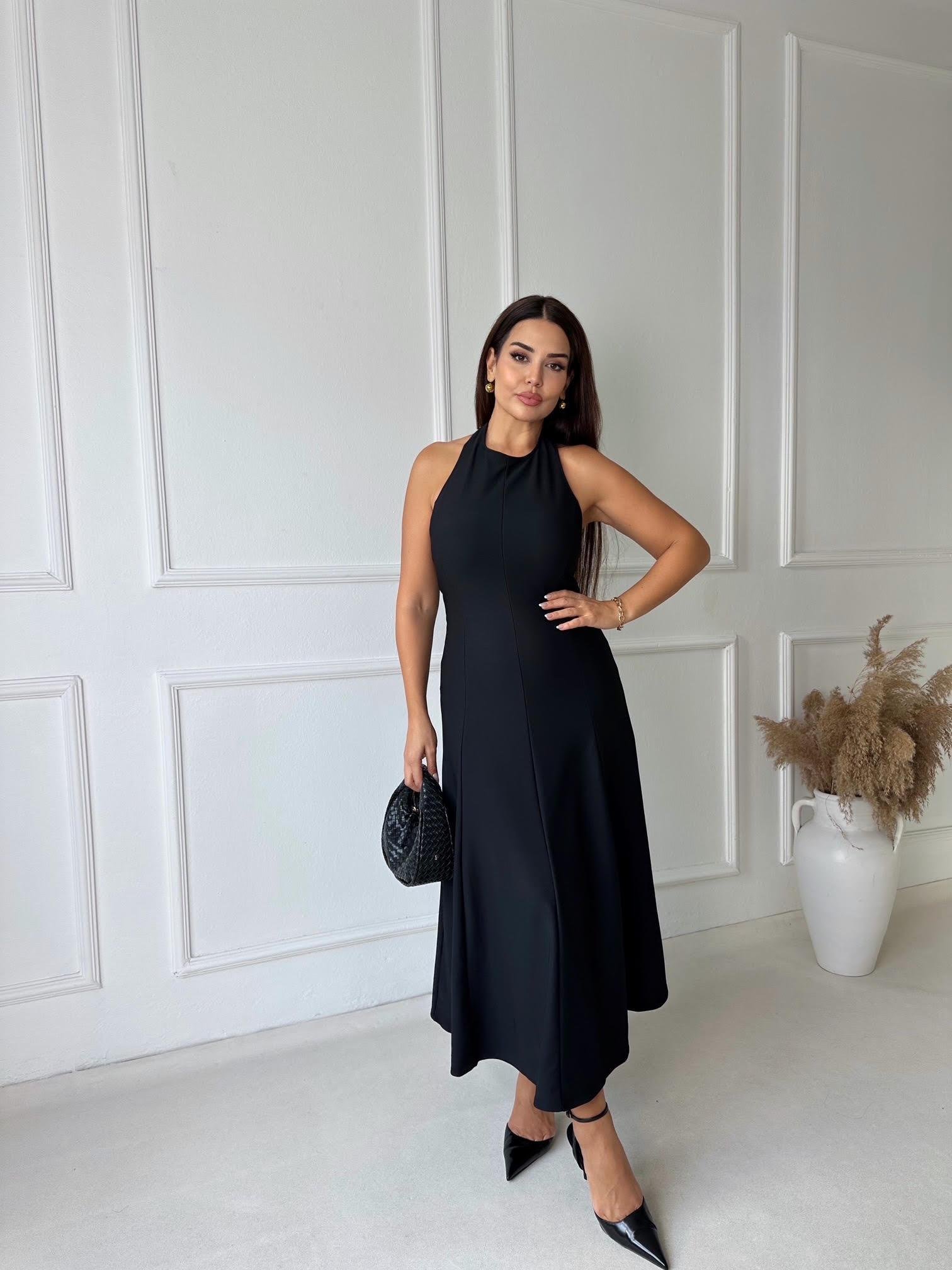 Orijinal Marka Halter Yaka Kloş Etekli Siyah Elbise 