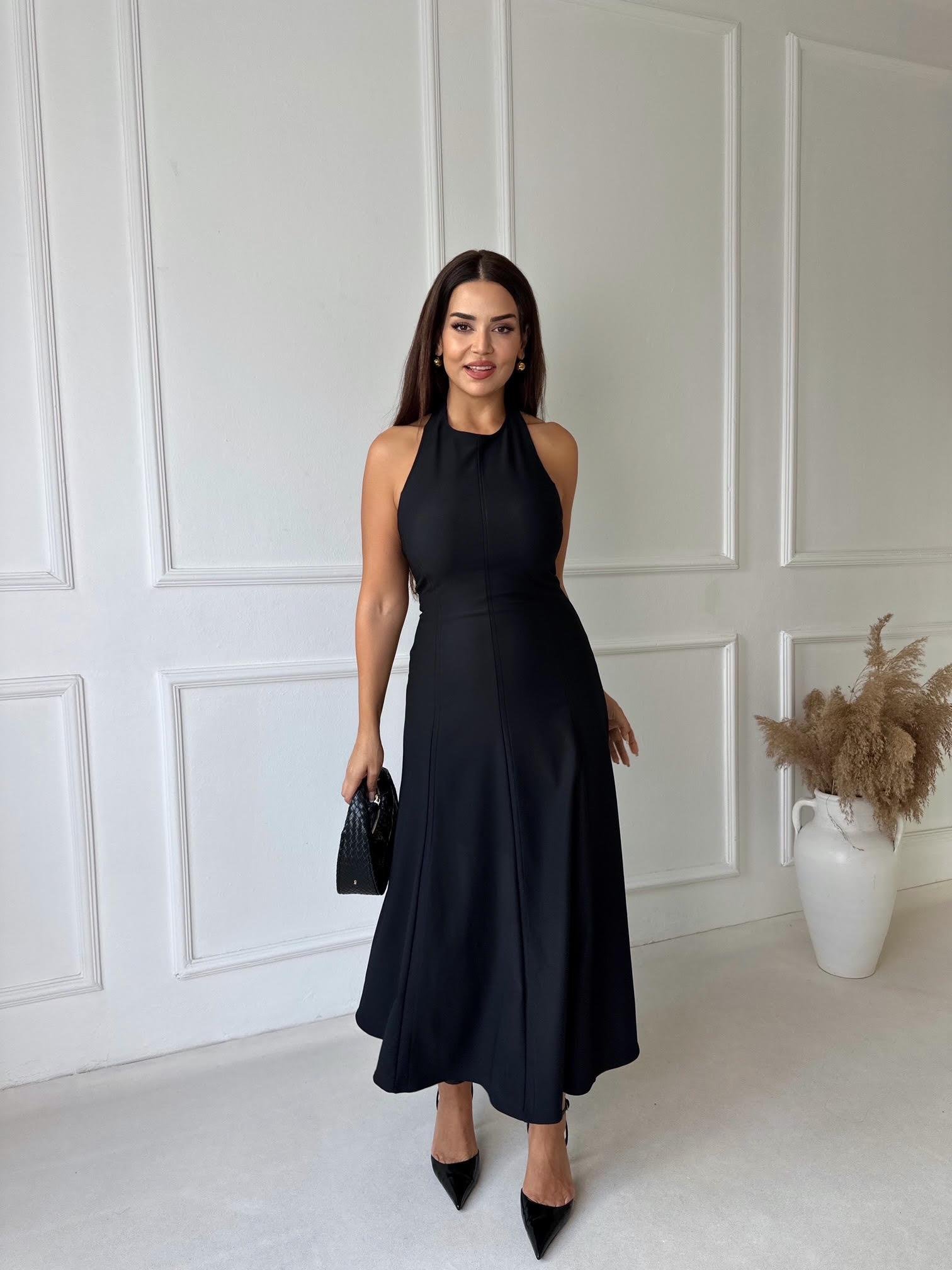 Orijinal Marka Halter Yaka Kloş Etekli Siyah Elbise 