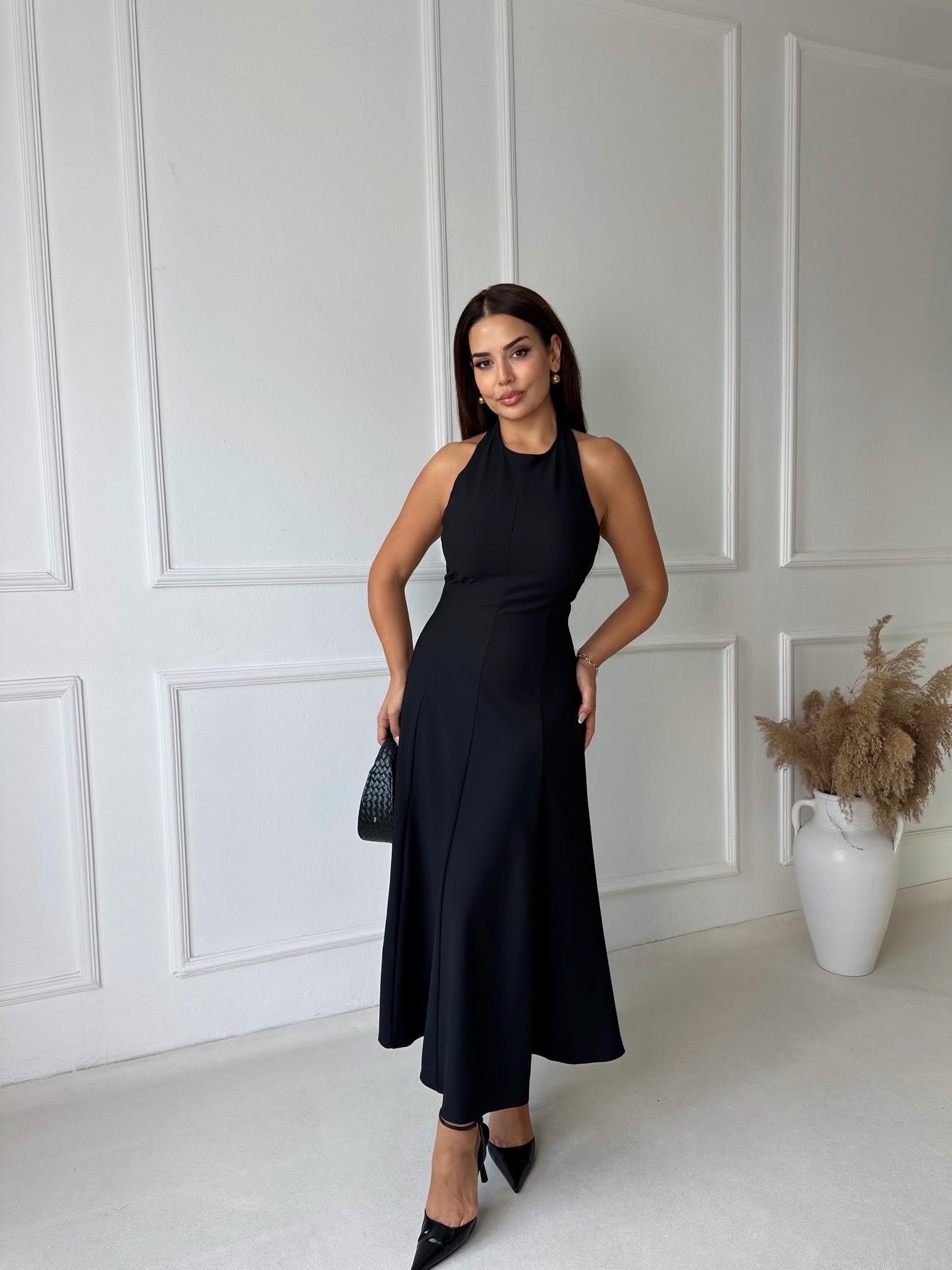 Orijinal Marka Halter Yaka Kloş Etekli Siyah Elbise 