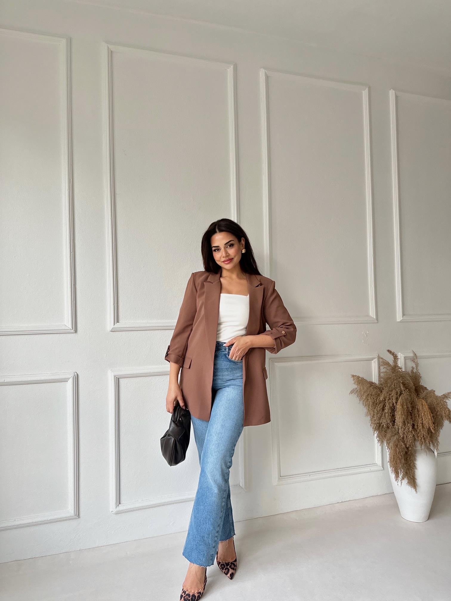 Orijinal Marka Kıvrık Kollu Blazer Ceket - Camel