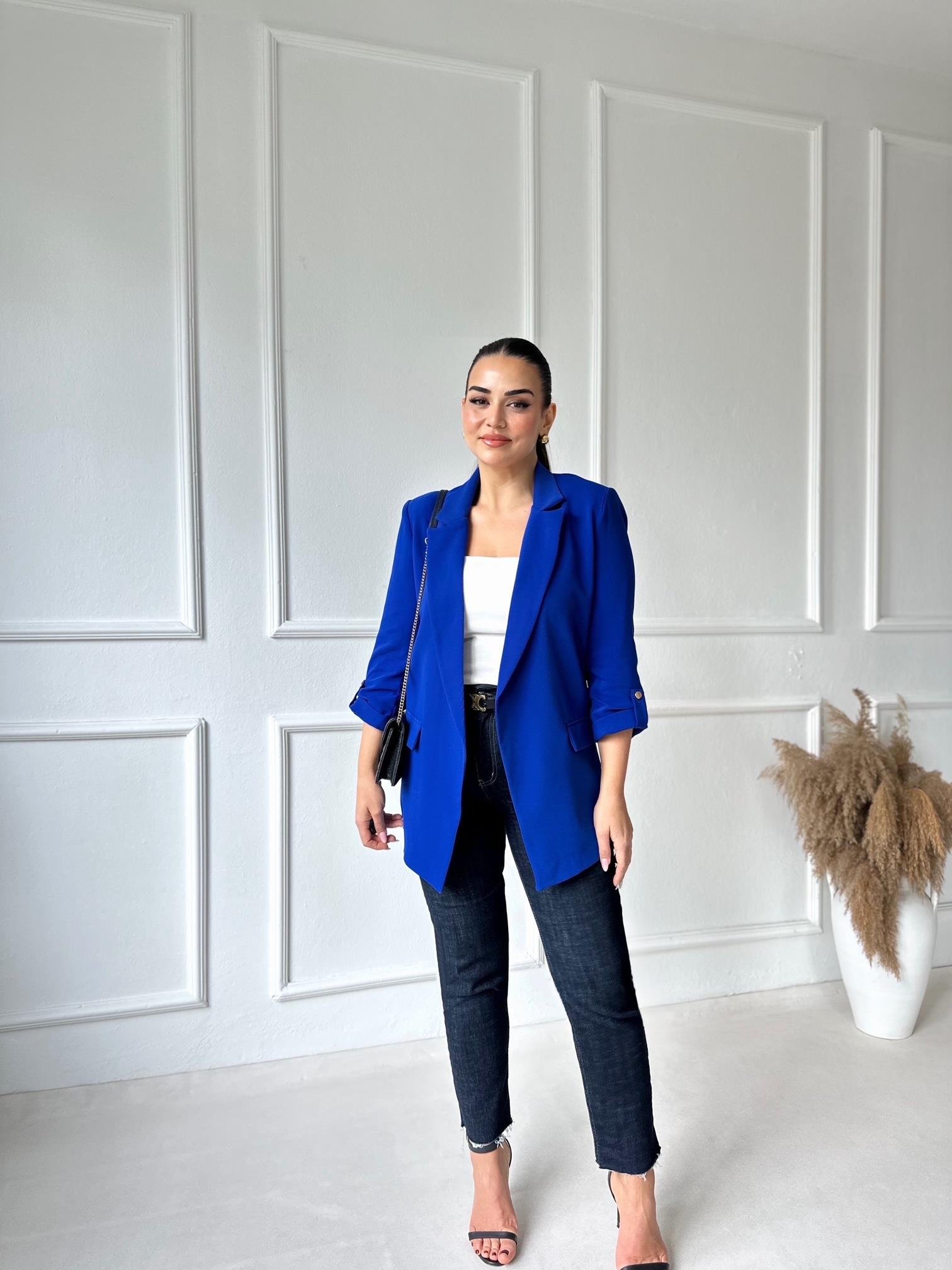 Orijinal Marka Kıvrık Kollu Blazer Ceket - Saks Mavi | Nora Butik