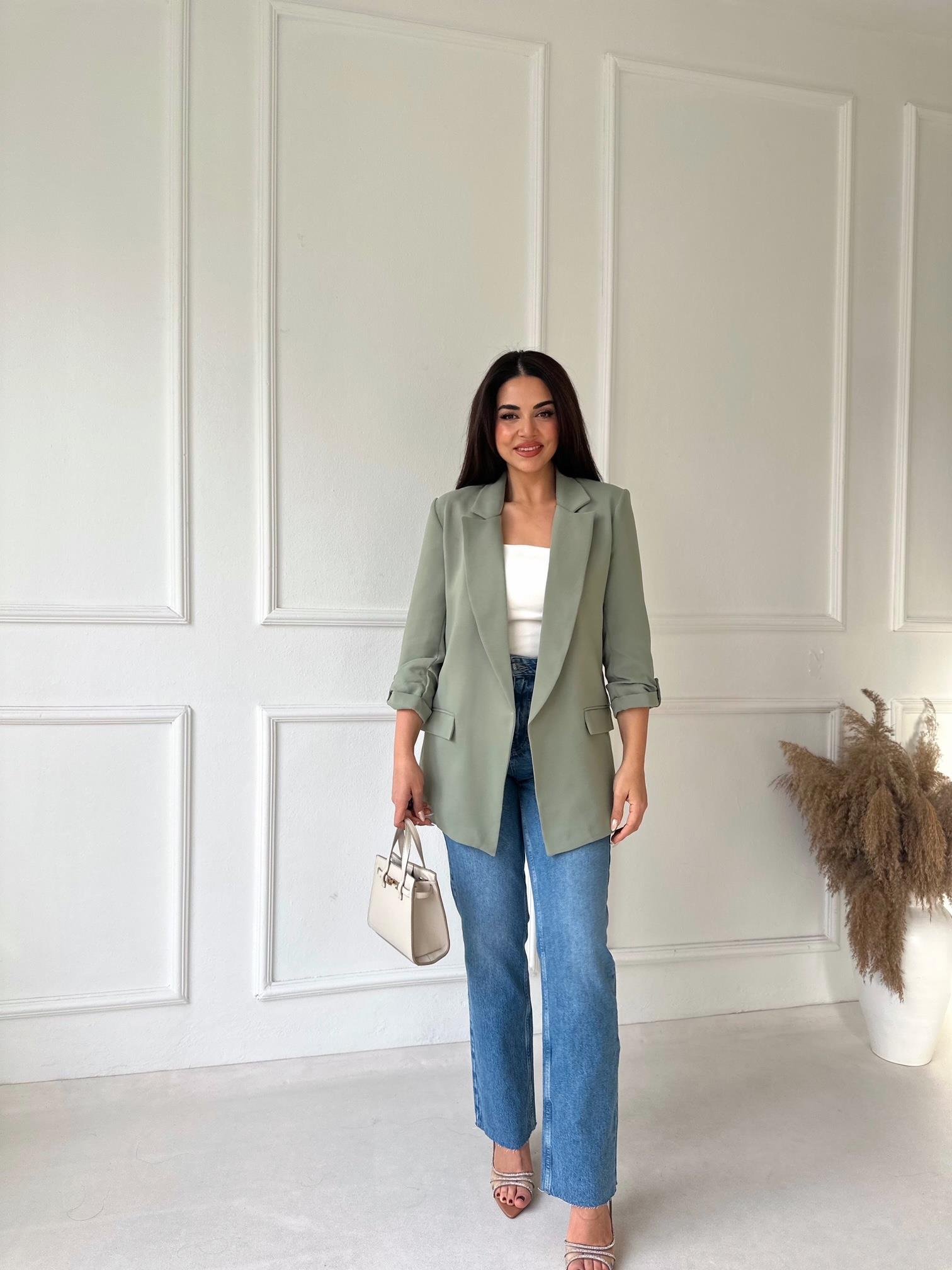 Orijinal Marka Kıvrık Kollu Blazer Ceket - Haki | Nora Butik