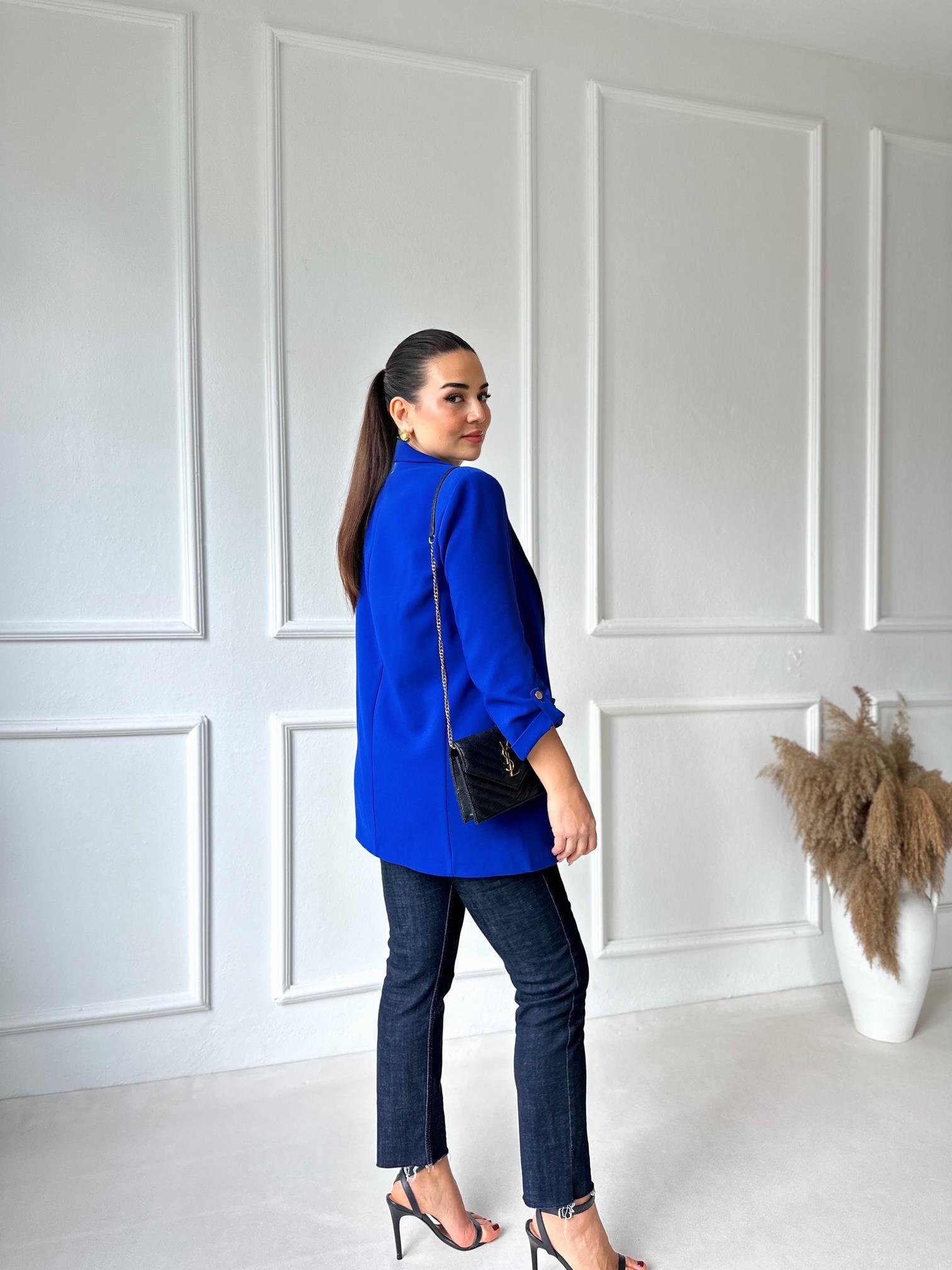 Orijinal Marka Kıvrık Kollu Blazer Ceket - Saks Mavi | Nora Butik