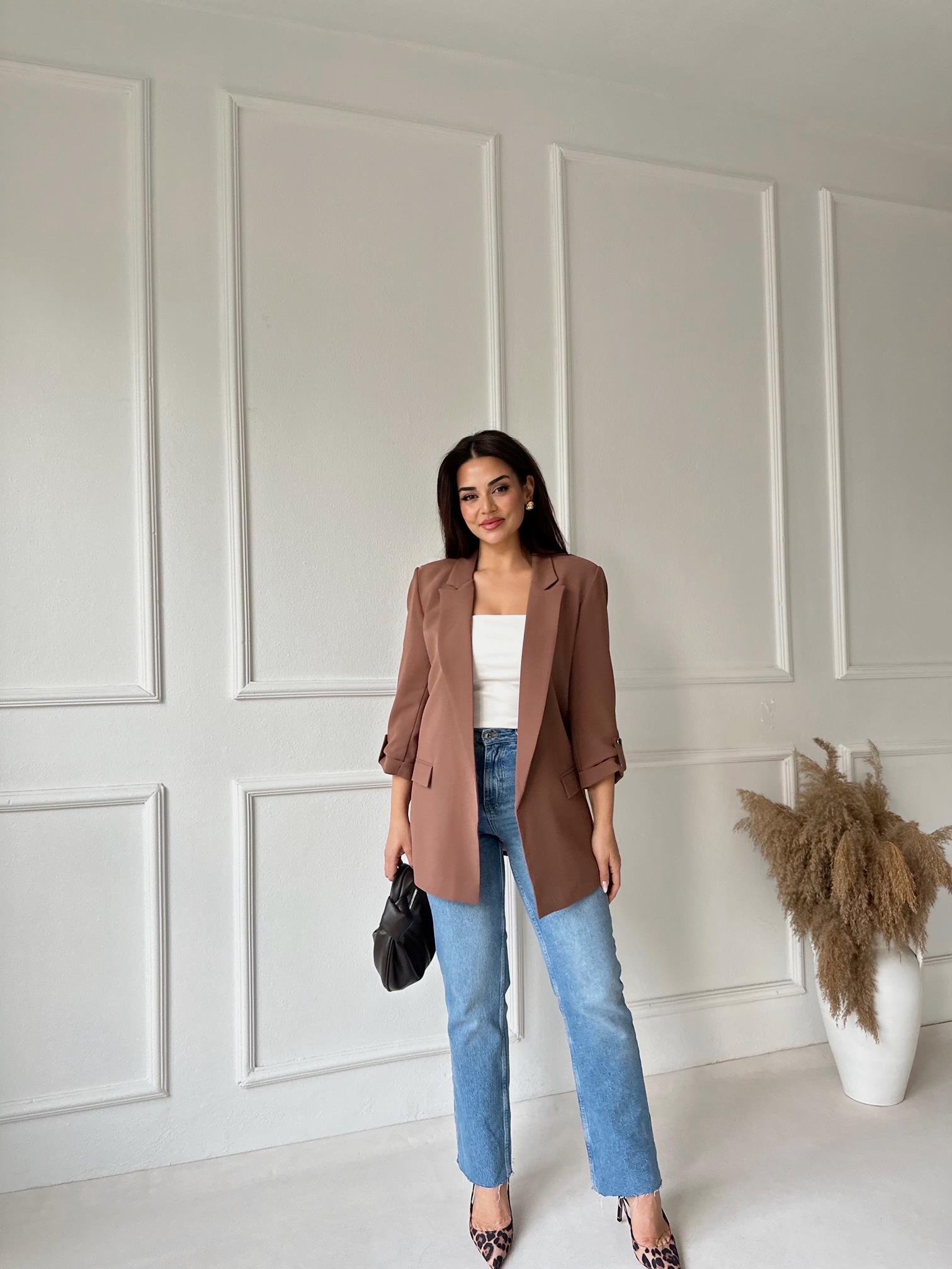 Orijinal Marka Kıvrık Kollu Blazer Ceket - Camel