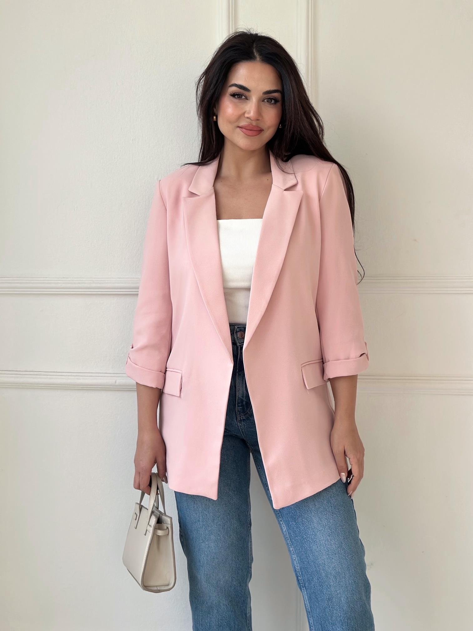 Orijinal Marka Kıvrık Kollu Blazer Ceket - Pembe | Nora Butik
