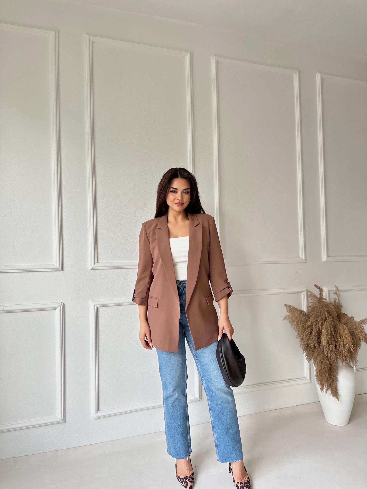 Orijinal Marka Kıvrık Kollu Blazer Ceket - Camel