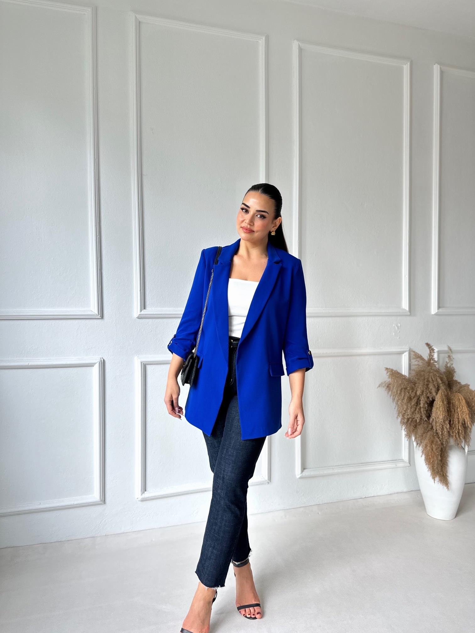 Orijinal Marka Kıvrık Kollu Blazer Ceket - Saks Mavi | Nora Butik