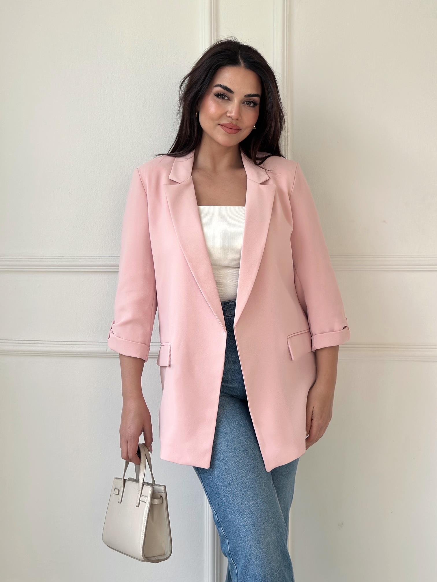Orijinal Marka Kıvrık Kollu Blazer Ceket - Pembe | Nora Butik