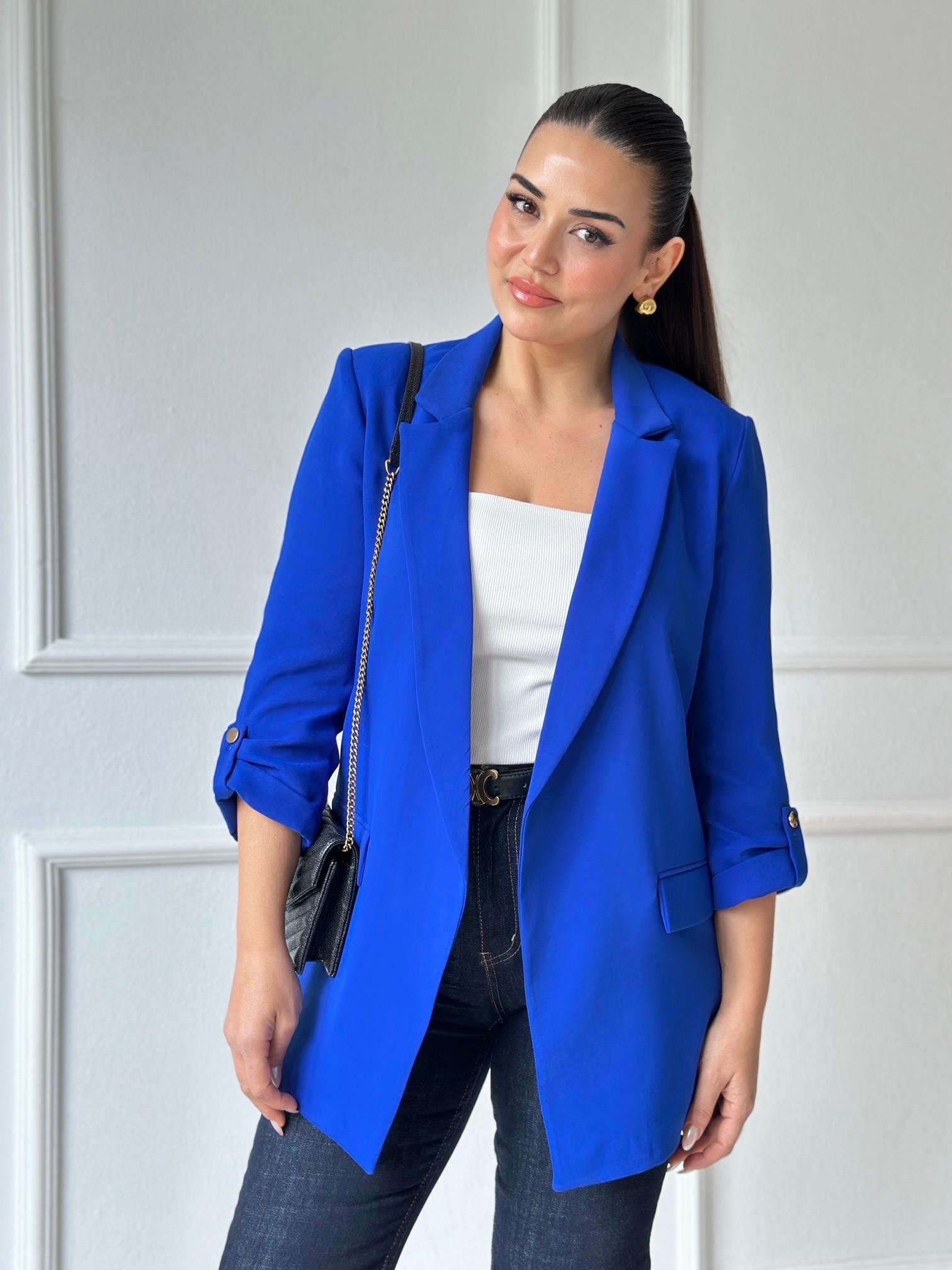 Orijinal Marka Kıvrık Kollu Blazer Ceket - Saks Mavi | Nora Butik