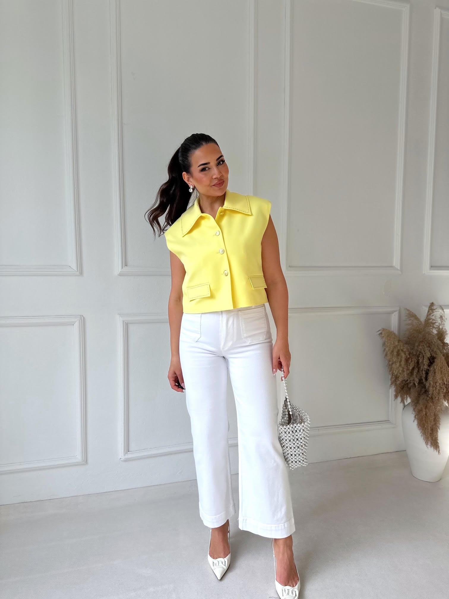 Orijinal Marka Likralı Beyaz Colette Kısa Geniş Paça Jean 