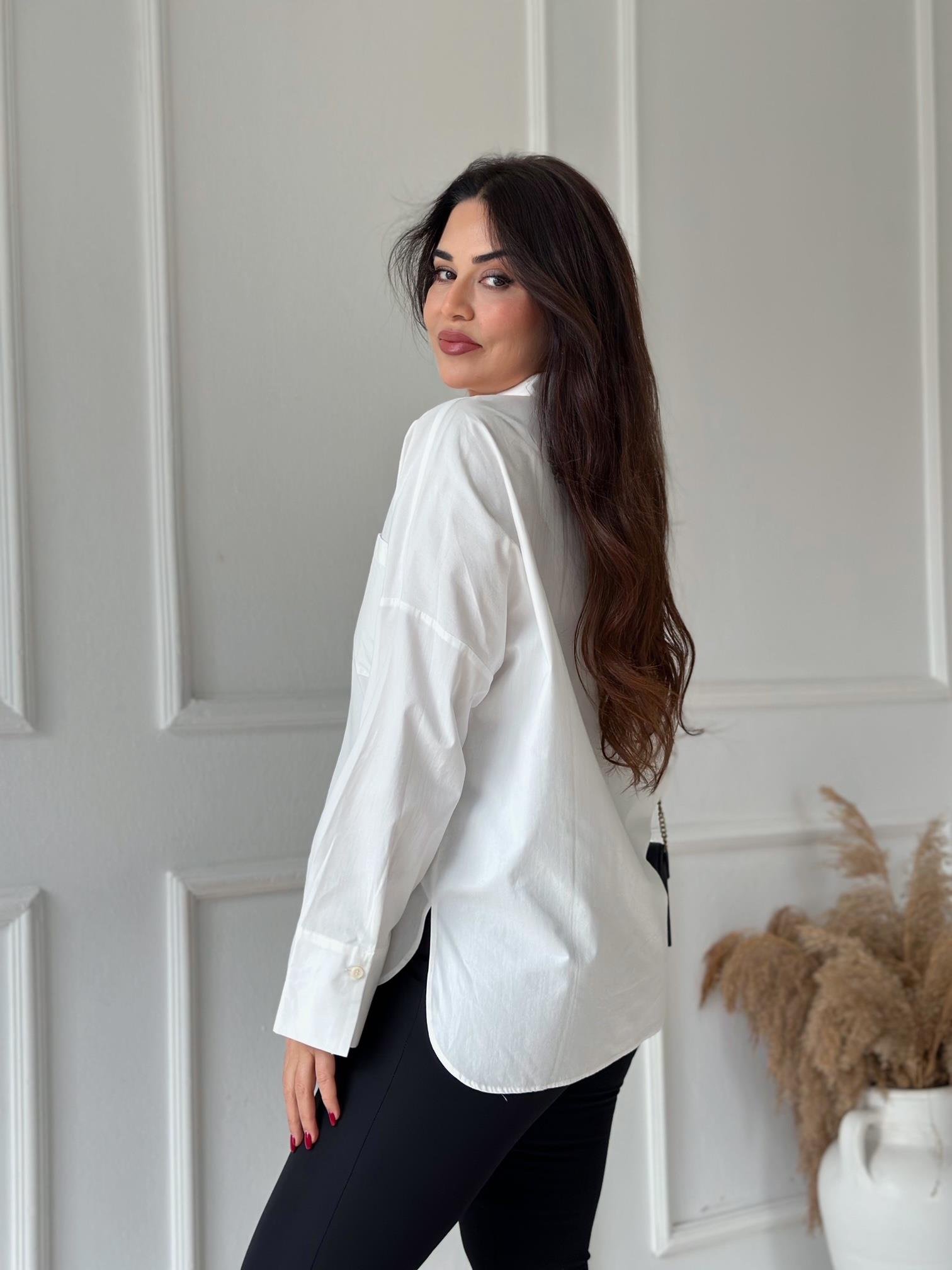 Orijinal Marka Likralı Fit Kalıp Beyaz Poplin Gömlek | Nora Butik