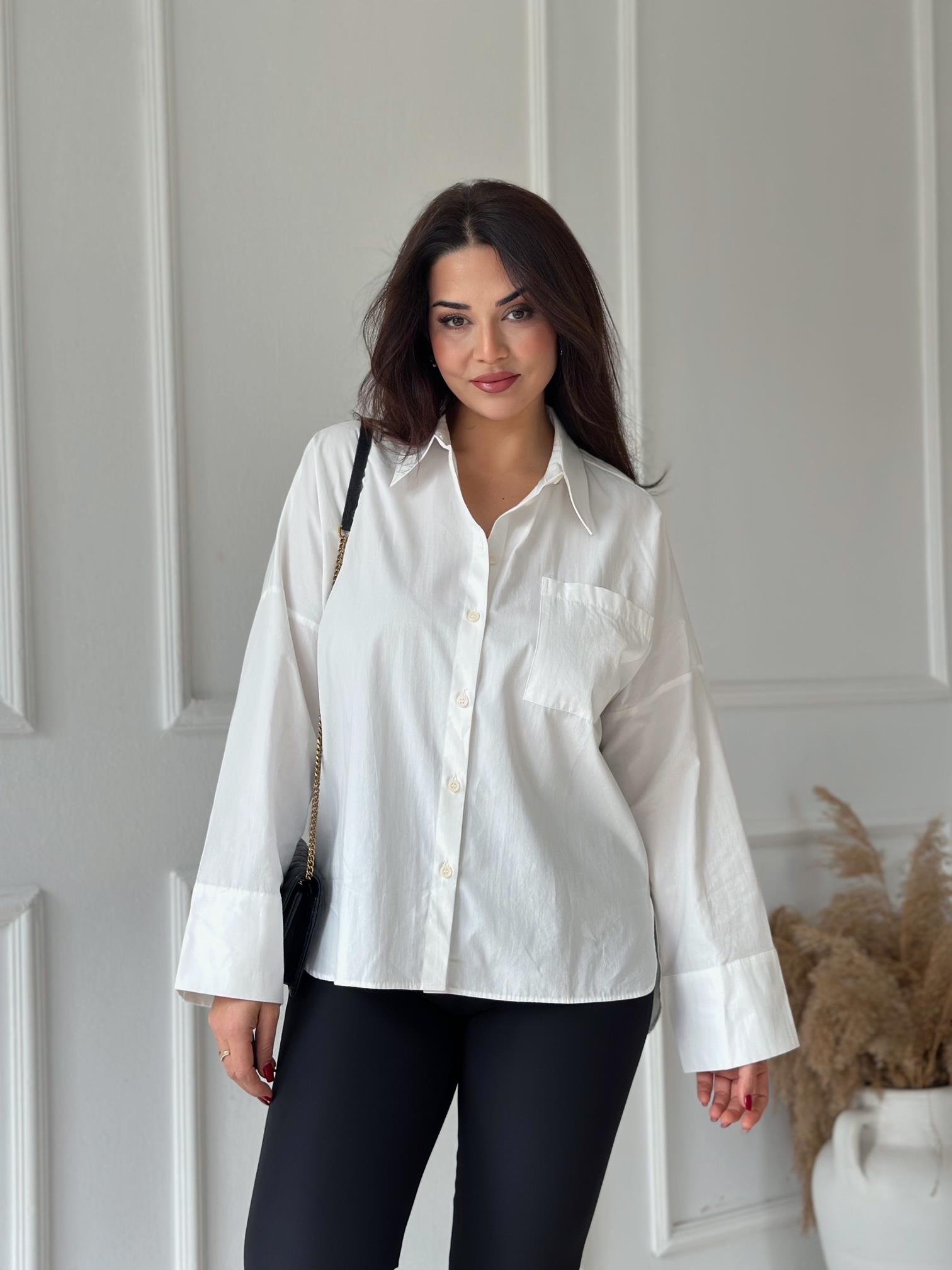 Orijinal Marka Likralı Fit Kalıp Beyaz Poplin Gömlek | Nora Butik