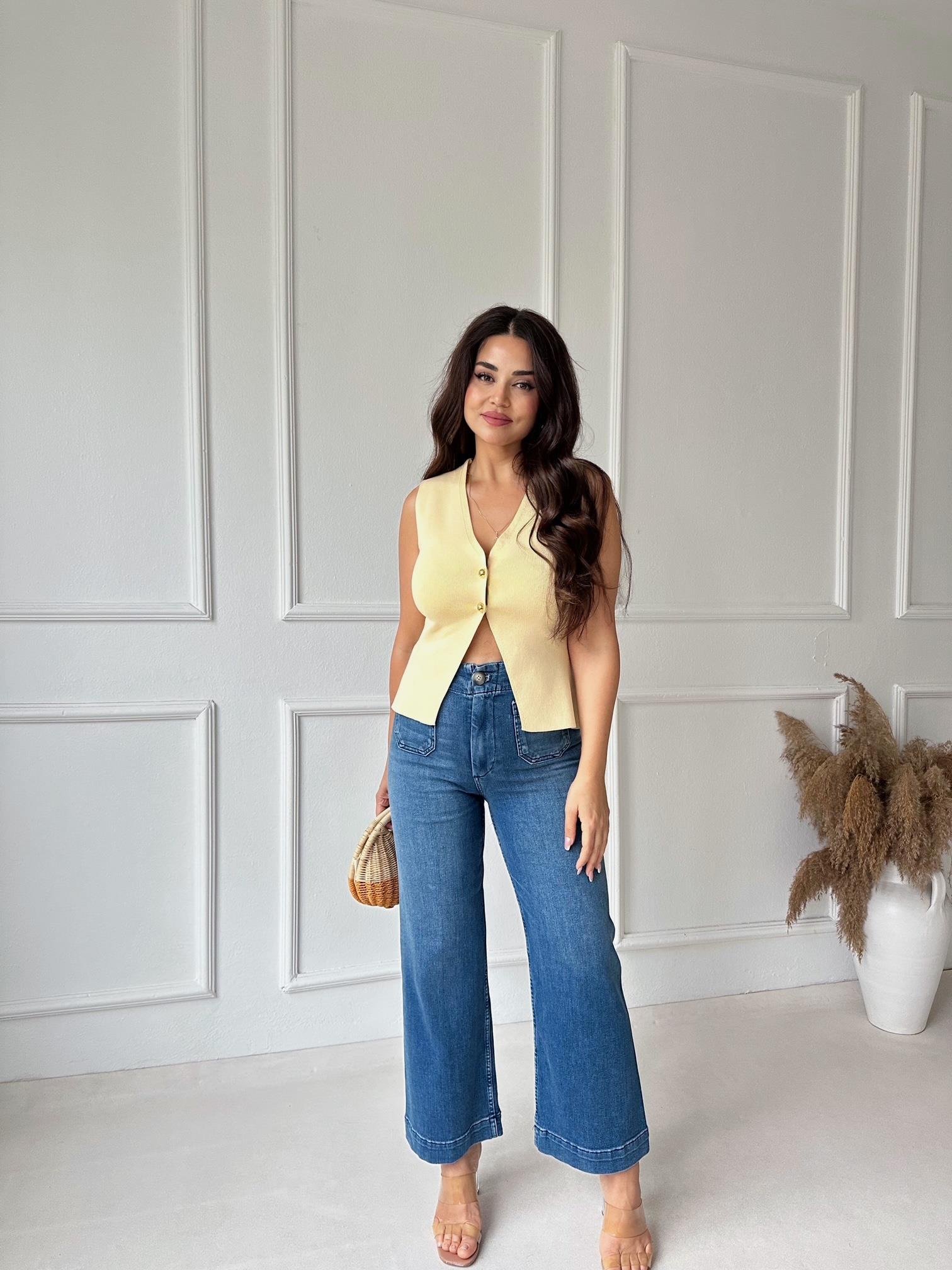 Orijinal Marka Likralı Mavi Colette Kısa Geniş Paça Jean 