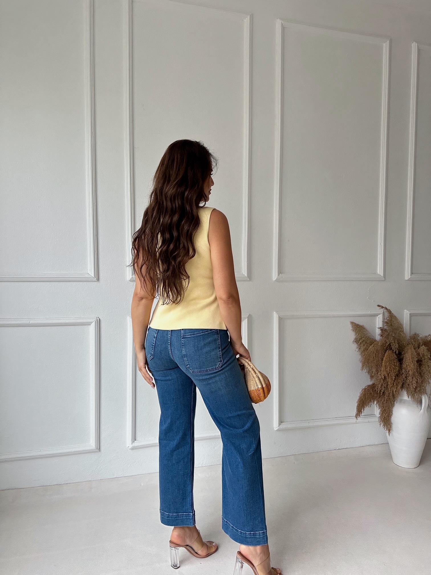 Orijinal Marka Likralı Mavi Colette Kısa Geniş Paça Jean 